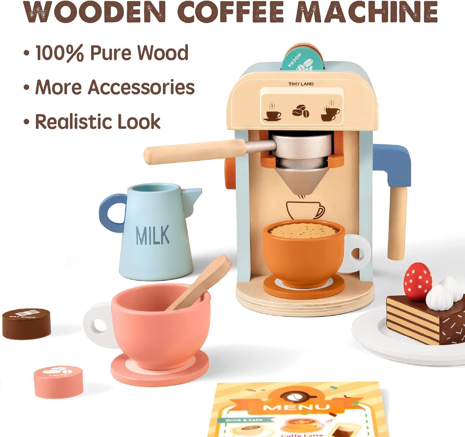 imageTiny Land Kids Coffee Maker Wooden Kitchen Toys 17Pcs Toy Coffee Maker Playset Wooden Play Toys Play Kitchen Accessories for Girls amp Boys