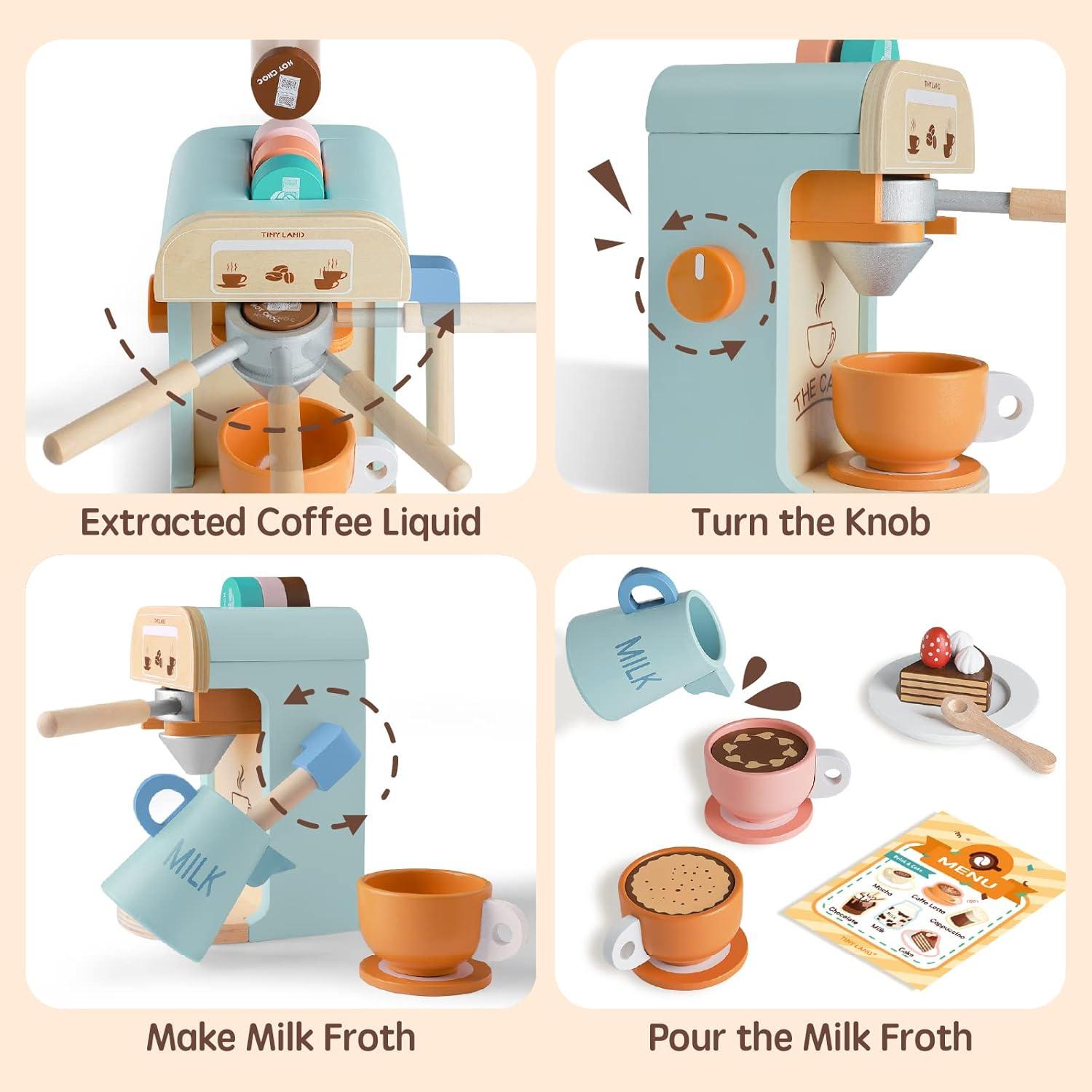 imageTiny Land Kids Coffee Maker Wooden Kitchen Toys 17Pcs Toy Coffee Maker Playset Wooden Play Toys Play Kitchen Accessories for Girls amp Boys