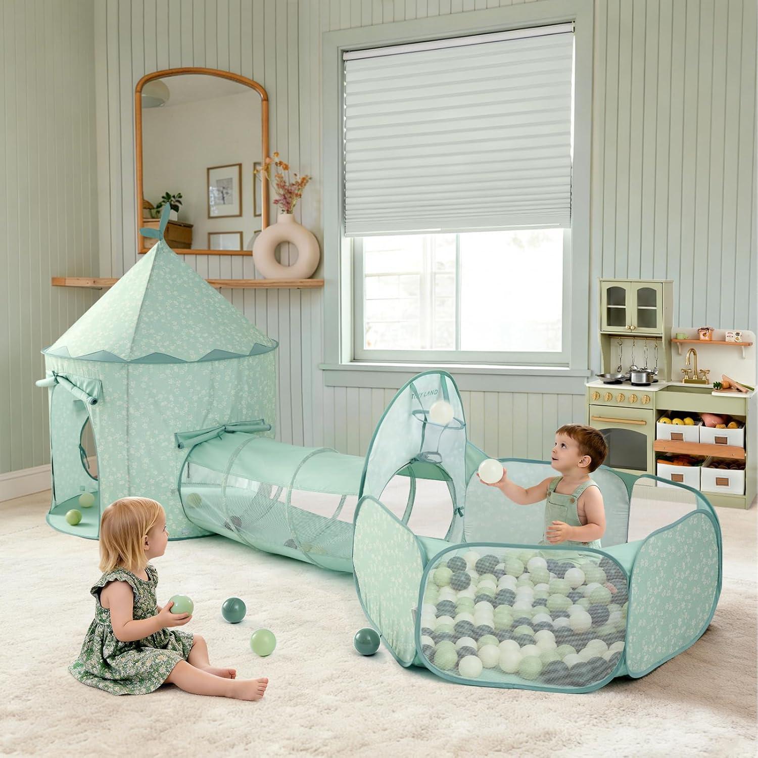 imageTiny Land Kids Play Tent with Tunnel Pop Up Play Tent with Ball Pits for Toddlers Baby Tent with Carry Bag Toddler Tents IndoorGreen