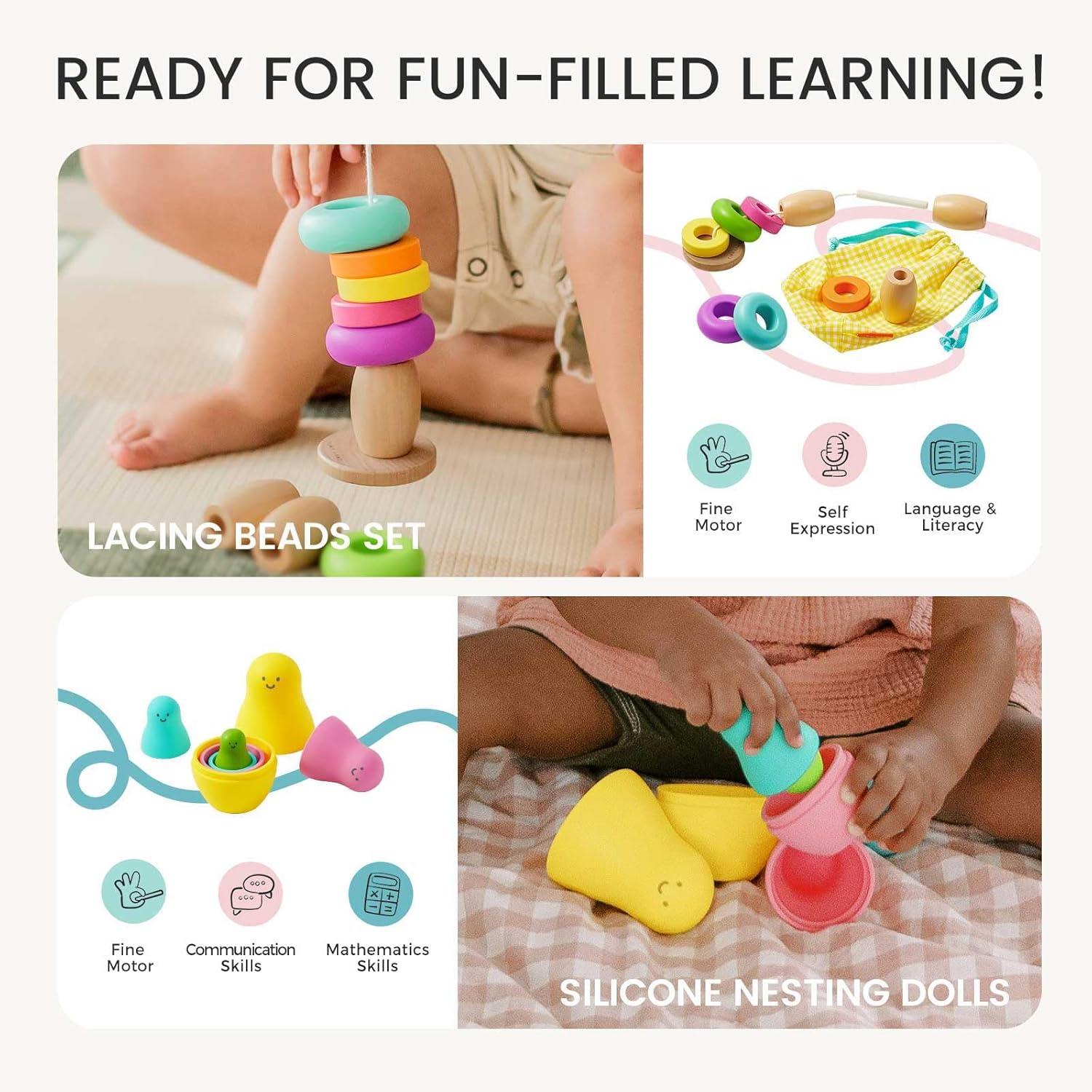 imageTiny Land Montessori Toy Set for Babies 79 Months Senser Play Kit 5in1 Wooden Learning Toys with Object Permanence Box Sensory Ball Stacking Cups and Mirror PuzzleBody Board Book1618M Educational Box
