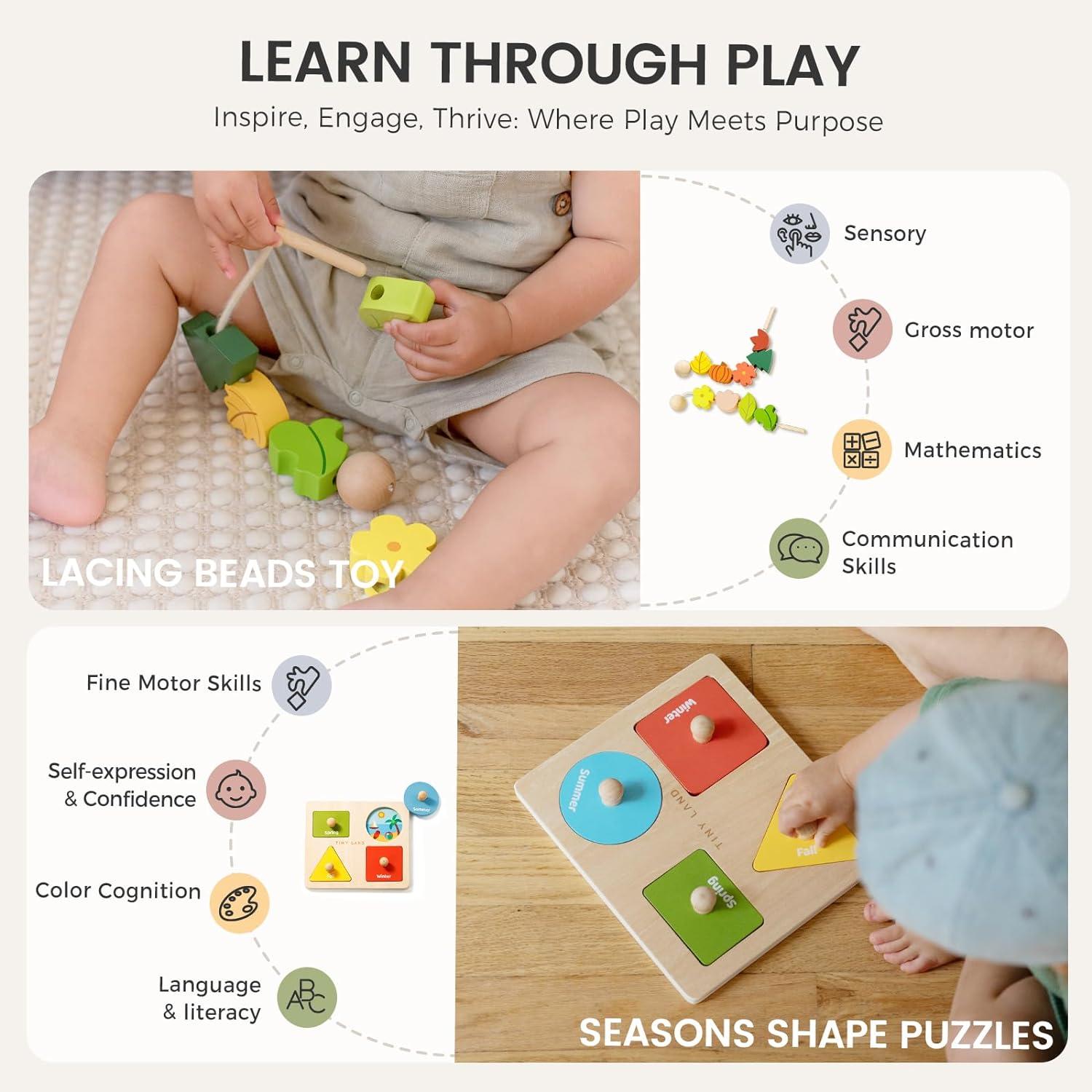 imageTiny Land Montessori Toy Set for Babies 79 Months Senser Play Kit 5in1 Wooden Learning Toys with Object Permanence Box Sensory Ball Stacking Cups and Mirror PuzzleBody Board Book1824M Educational Box