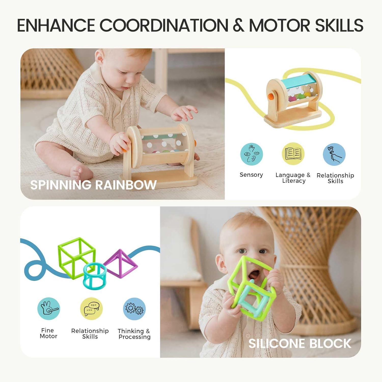 imageTiny Land Montessori Toy Set for Babies 79 Months Senser Play Kit 5in1 Wooden Learning Toys with Object Permanence Box Sensory Ball Stacking Cups and Mirror PuzzleBody Board Book46M Educational Box