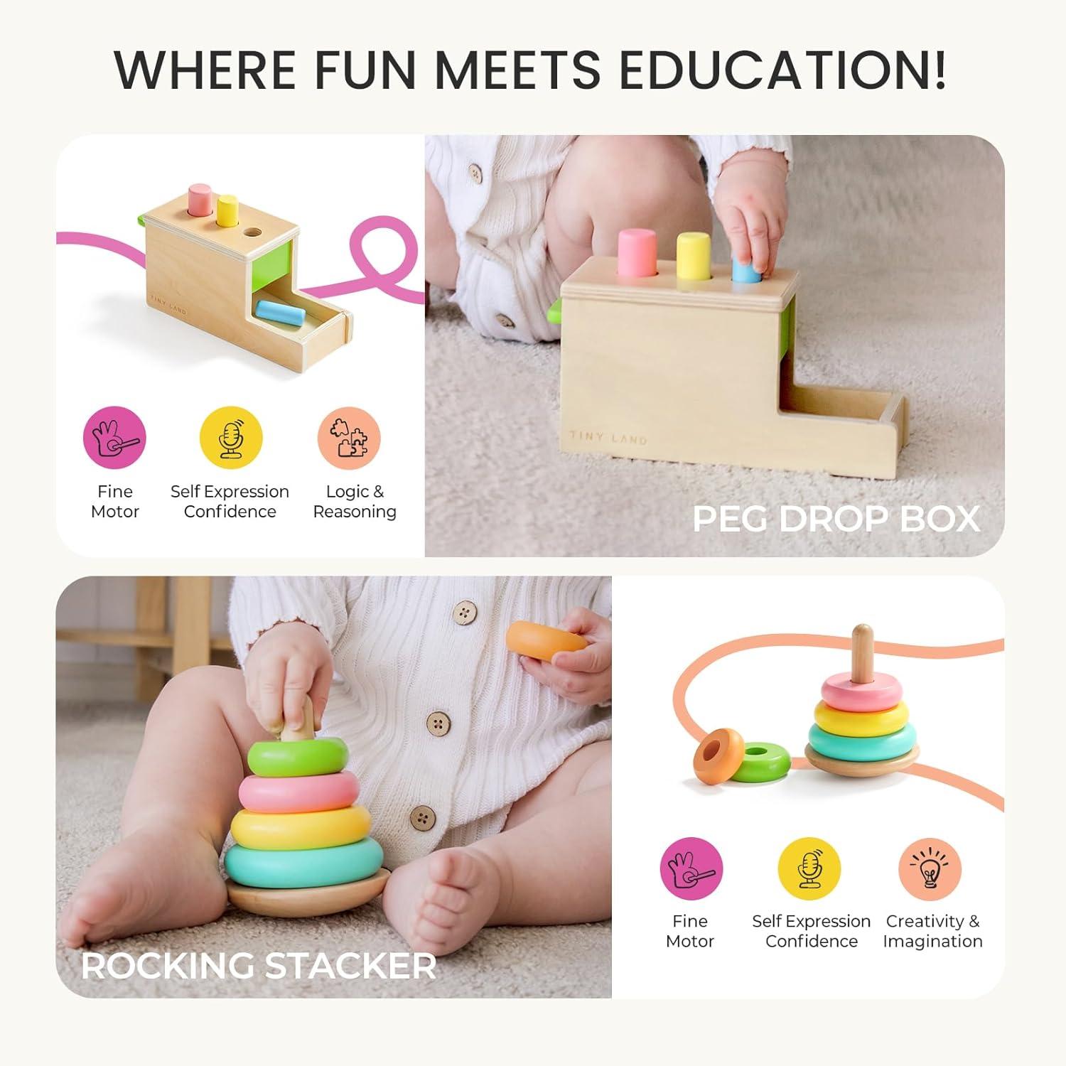 imageTiny Land Montessori Toy Set for Babies 79 Months Senser Play Kit 5in1 Wooden Learning Toys with Object Permanence Box Sensory Ball Stacking Cups and Mirror PuzzleBody Board Book1012M Educational Box