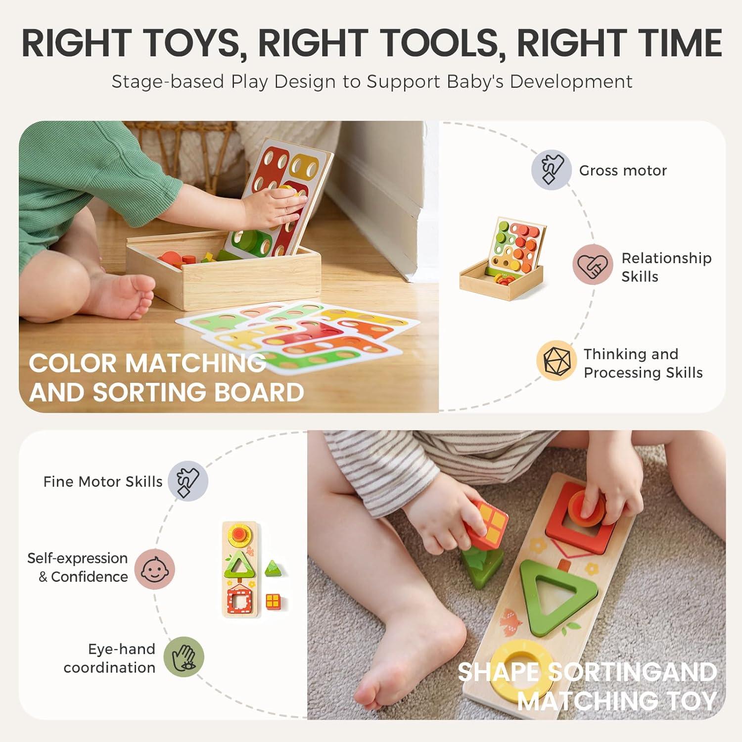 imageTiny Land Montessori Toy Set for Babies 79 Months Senser Play Kit 5in1 Wooden Learning Toys with Object Permanence Box Sensory Ball Stacking Cups and Mirror PuzzleBody Board Book1824M Educational Box