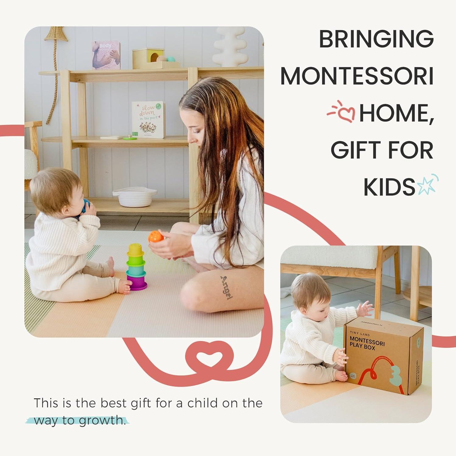 imageTiny Land Montessori Toy Set for Babies 79 Months Senser Play Kit 5in1 Wooden Learning Toys with Object Permanence Box Sensory Ball Stacking Cups and Mirror PuzzleBody Board Book79M Educational Box