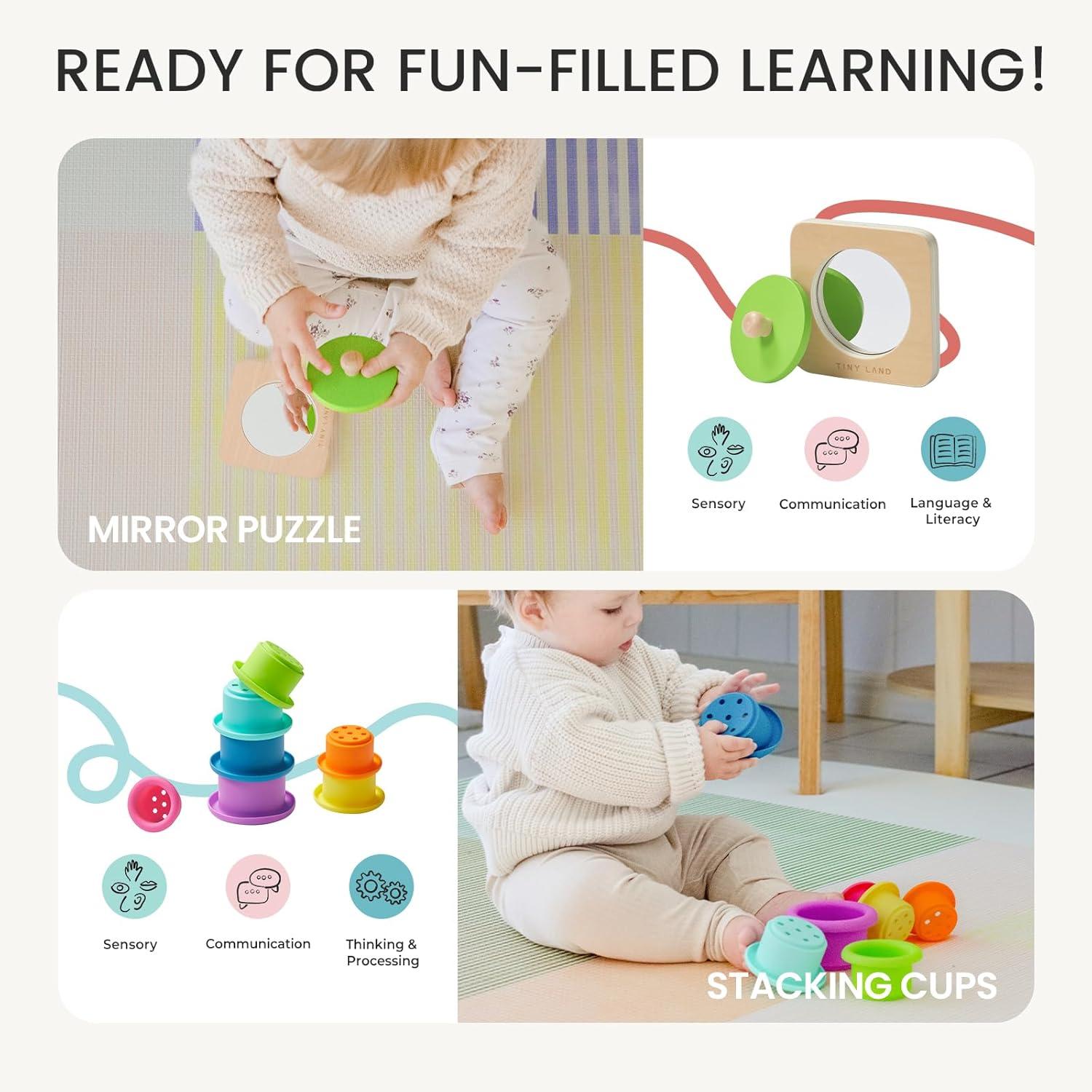 imageTiny Land Montessori Toy Set for Babies 79 Months Senser Play Kit 5in1 Wooden Learning Toys with Object Permanence Box Sensory Ball Stacking Cups and Mirror PuzzleBody Board Book79M Educational Box