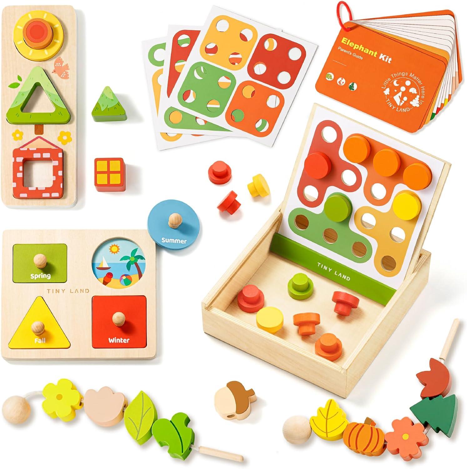 imageTiny Land Montessori Toy Set for Babies 79 Months Senser Play Kit 5in1 Wooden Learning Toys with Object Permanence Box Sensory Ball Stacking Cups and Mirror PuzzleBody Board Book1824M Educational Box