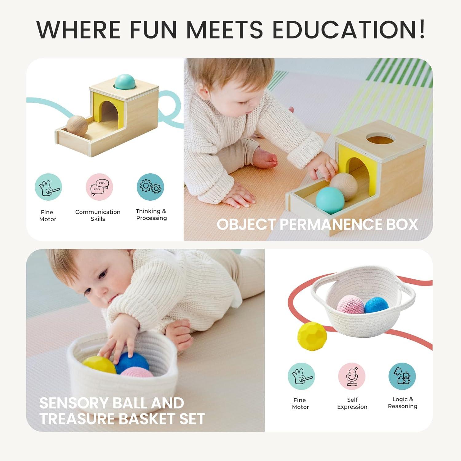 imageTiny Land Montessori Toy Set for Babies 79 Months Senser Play Kit 5in1 Wooden Learning Toys with Object Permanence Box Sensory Ball Stacking Cups and Mirror PuzzleBody Board Book79M Educational Box