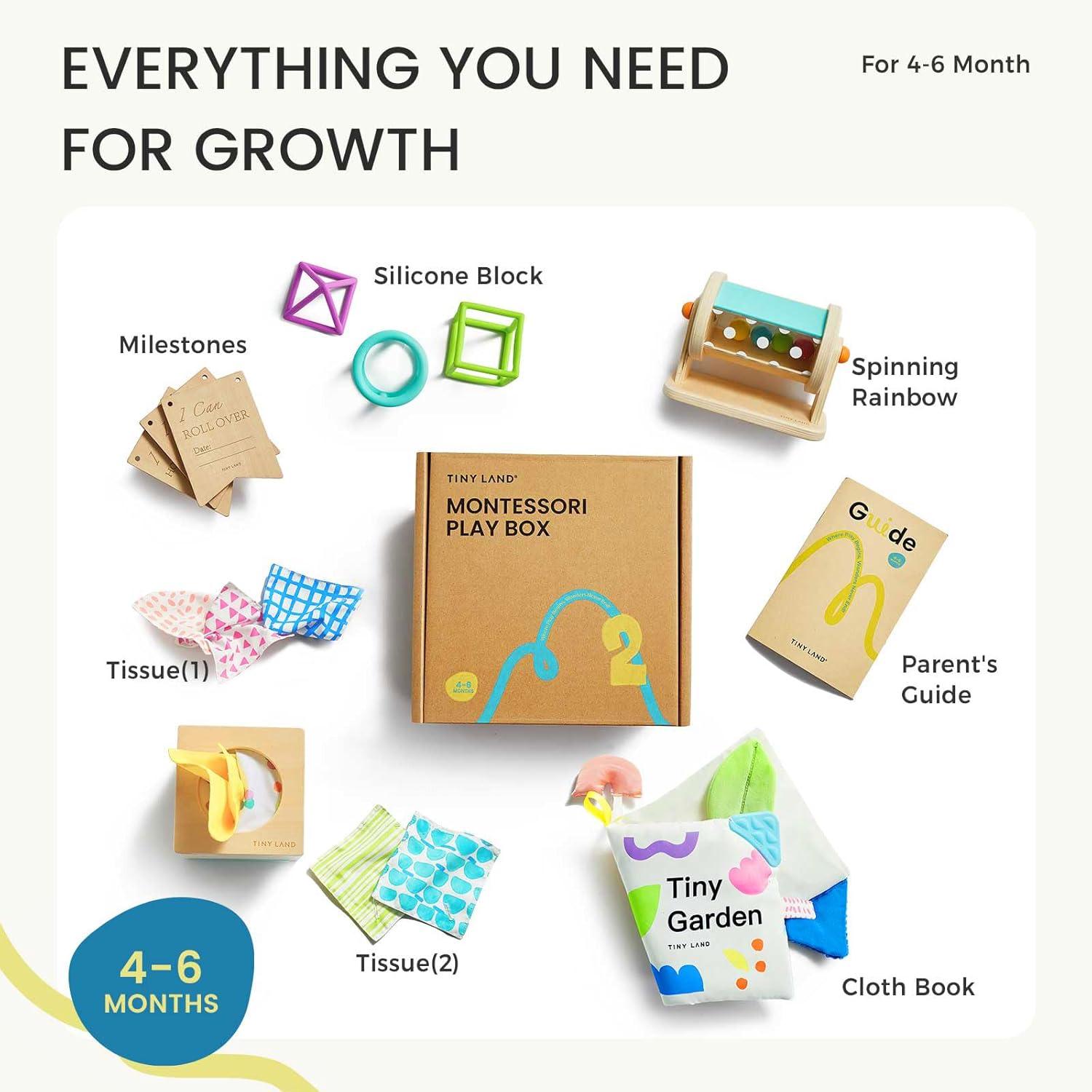 imageTiny Land Montessori Toy Set for Babies 79 Months Senser Play Kit 5in1 Wooden Learning Toys with Object Permanence Box Sensory Ball Stacking Cups and Mirror PuzzleBody Board Book46M Educational Box