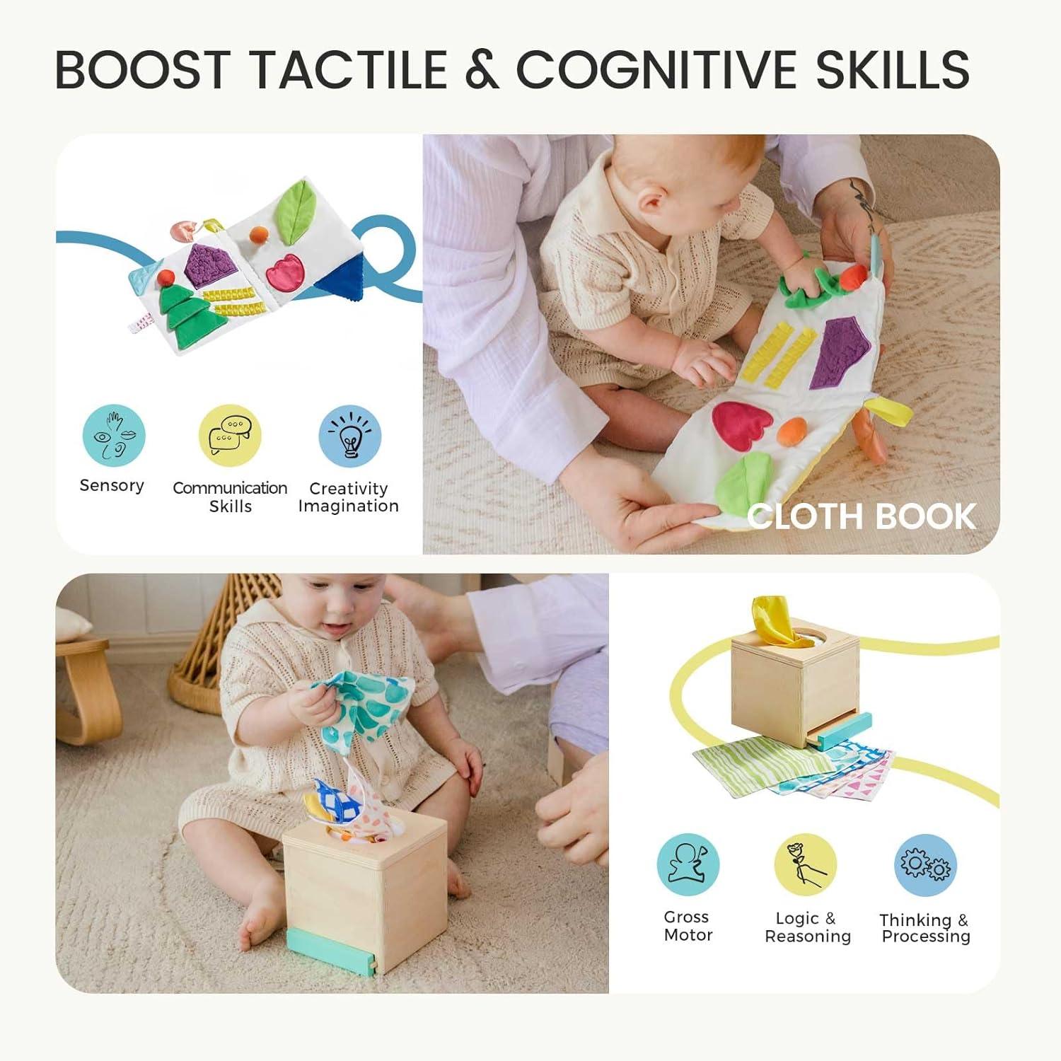 imageTiny Land Montessori Toy Set for Babies 79 Months Senser Play Kit 5in1 Wooden Learning Toys with Object Permanence Box Sensory Ball Stacking Cups and Mirror PuzzleBody Board Book46M Educational Box