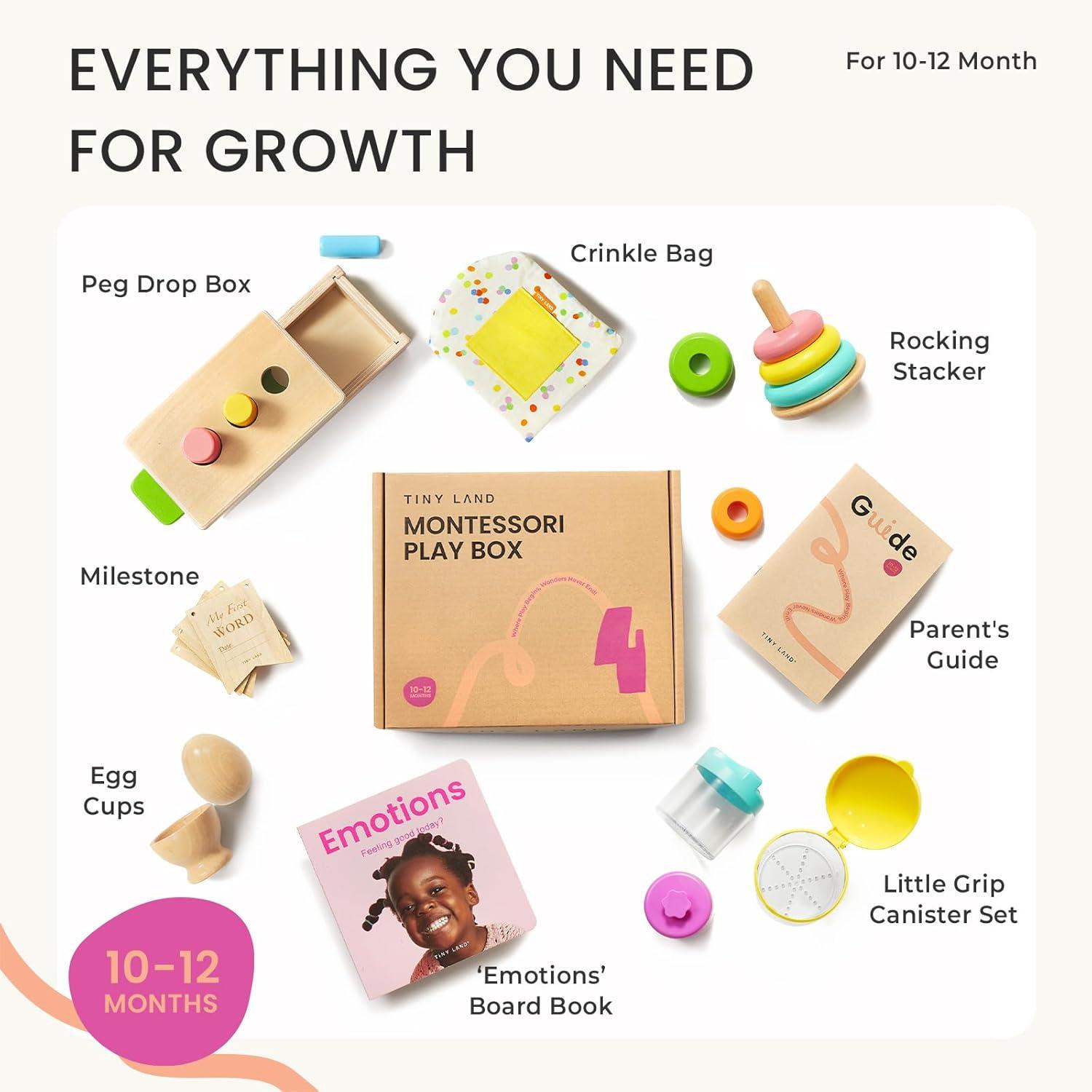imageTiny Land Montessori Toy Set for Babies 79 Months Senser Play Kit 5in1 Wooden Learning Toys with Object Permanence Box Sensory Ball Stacking Cups and Mirror PuzzleBody Board Book1012M Educational Box