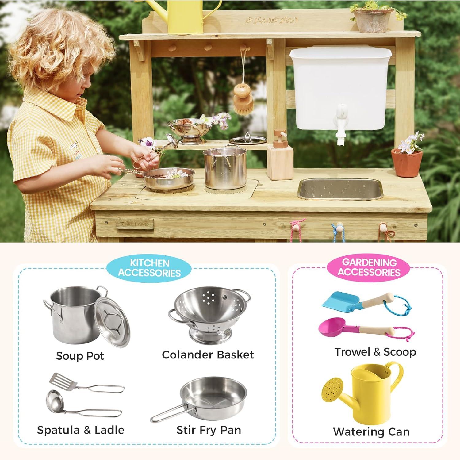 imageTiny Land Outdoor Mud Kitchen for Kids Wooden Play Kitchen with Water Tank Water amp Cooking Play Sensory Fun WeatherResistant with Storage Ideal for Toddlers Ages 3