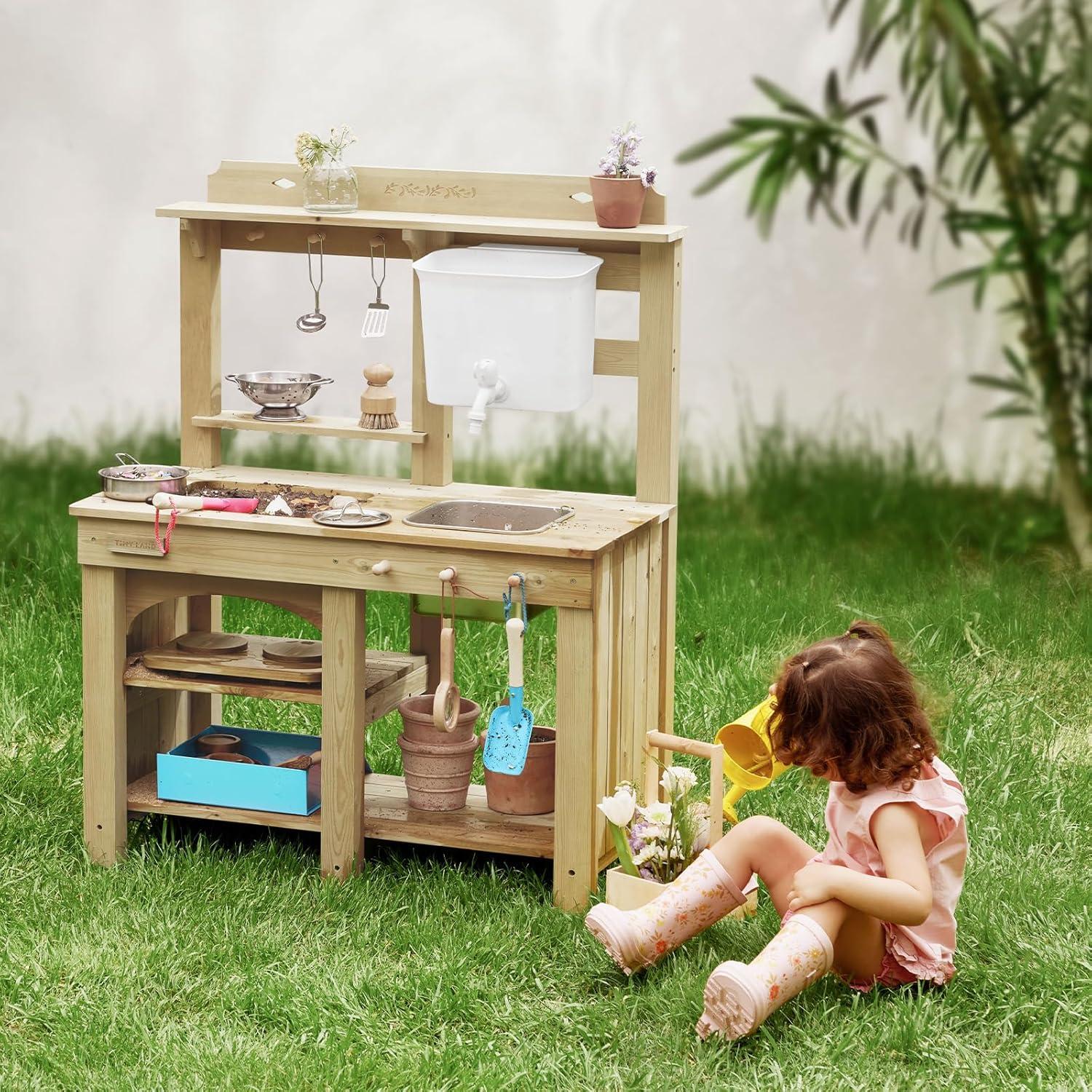 imageTiny Land Outdoor Mud Kitchen for Kids Wooden Play Kitchen with Water Tank Water amp Cooking Play Sensory Fun WeatherResistant with Storage Ideal for Toddlers Ages 3
