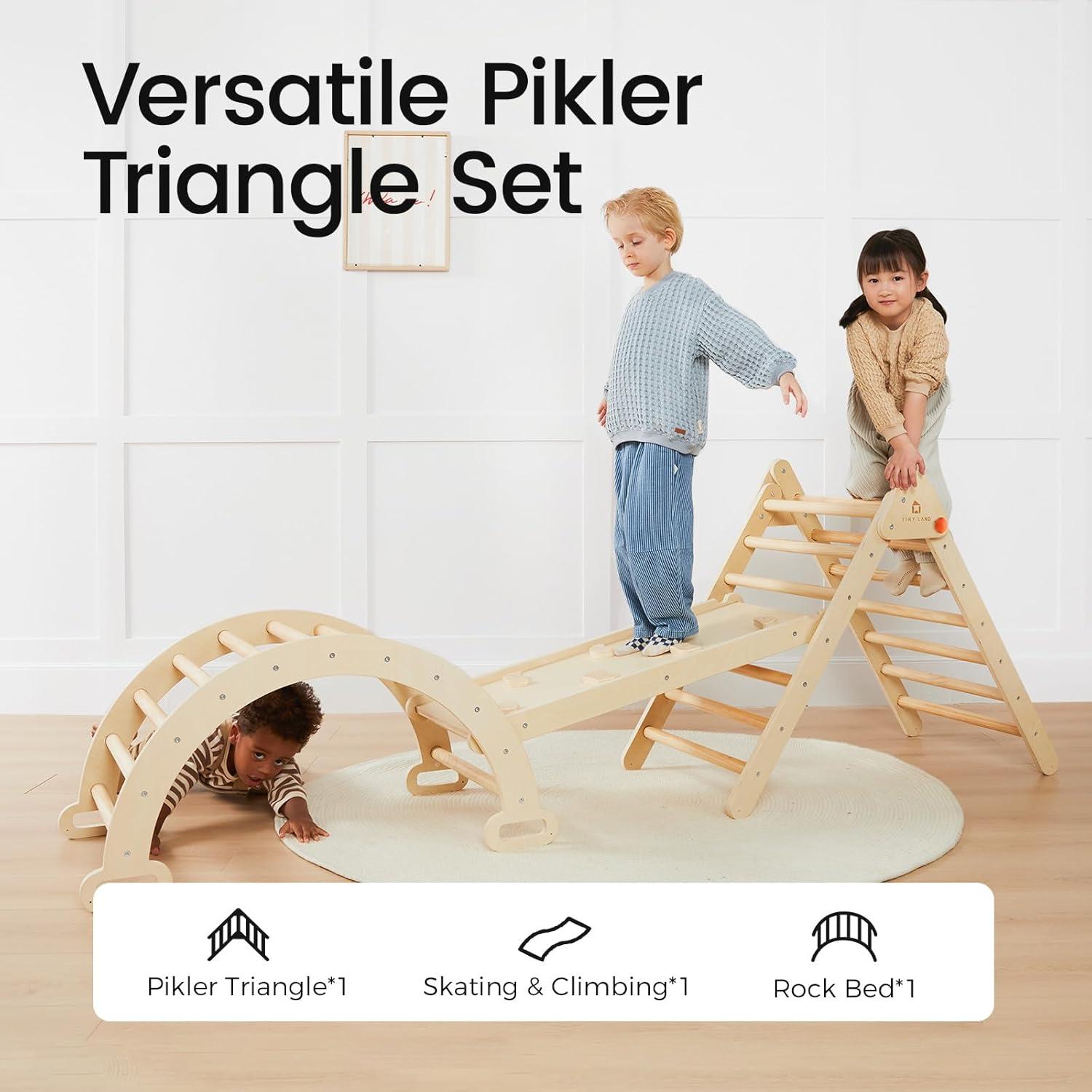 imageTiny Land Pikler Triangle Set 7in1 Foldable Pikler Triangle Climbing Toys Set for KidsBaby Indoor Playground Jungle Gym Wooden Montessori Climbing Set for Toddler RainbowNatural
