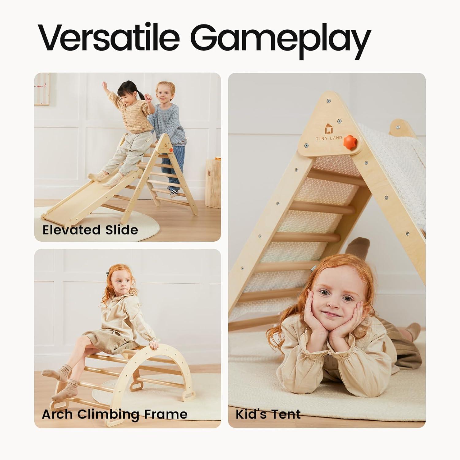 imageTiny Land Pikler Triangle Set 7in1 Foldable Pikler Triangle Climbing Toys Set for KidsBaby Indoor Playground Jungle Gym Wooden Montessori Climbing Set for Toddler RainbowNatural