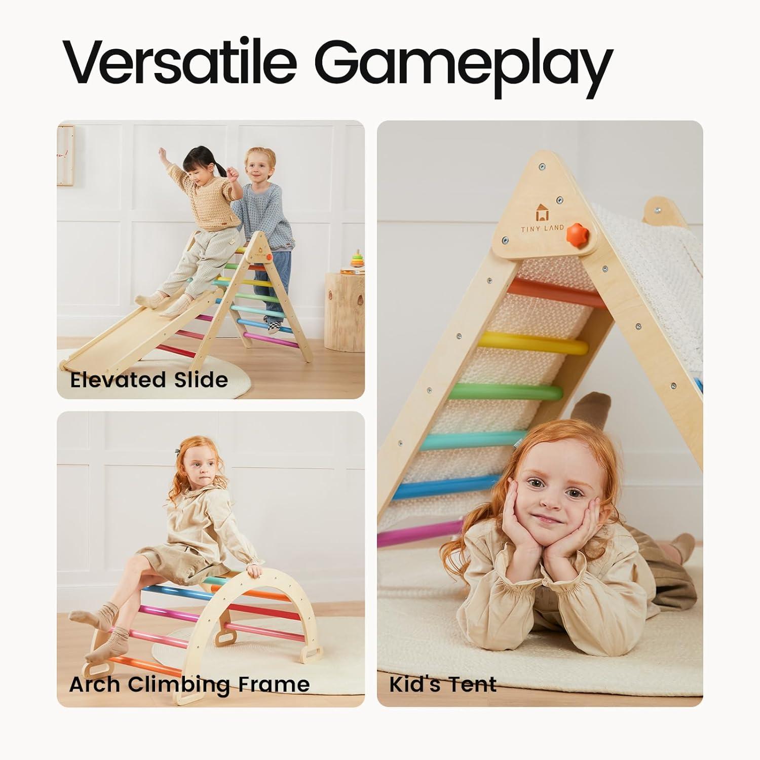 imageTiny Land Pikler Triangle Set 7in1 Foldable Pikler Triangle Climbing Toys Set for KidsBaby Indoor Playground Jungle Gym Wooden Montessori Climbing Set for Toddler RainbowRainbow