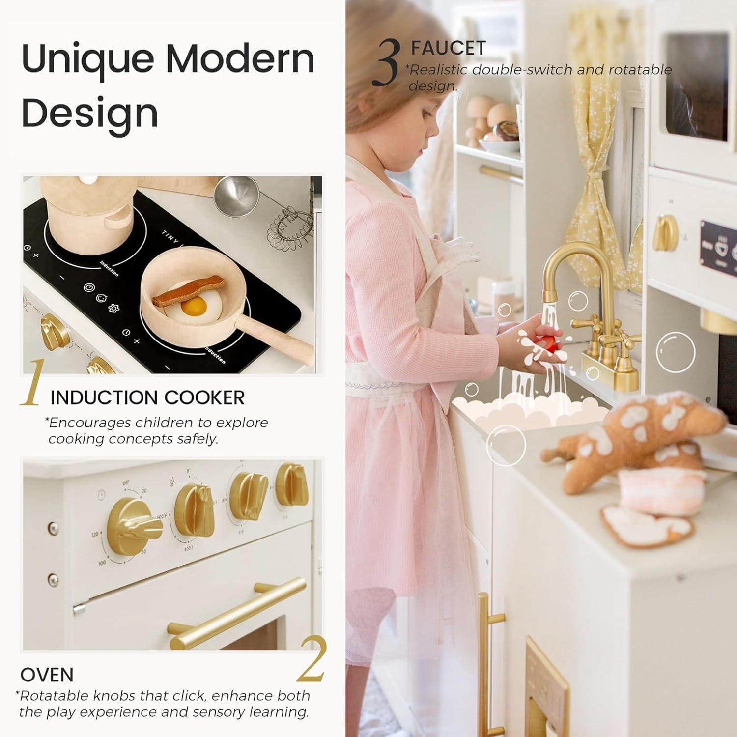 imageTiny Land Play Kitchen for Kids Toy Kitchen Set with Plenty of Play Features New Modern Kids Wooden Play Kitchen Designed in Trendy Home Style with Curtains Gift for Ages 3White Play Kitchen