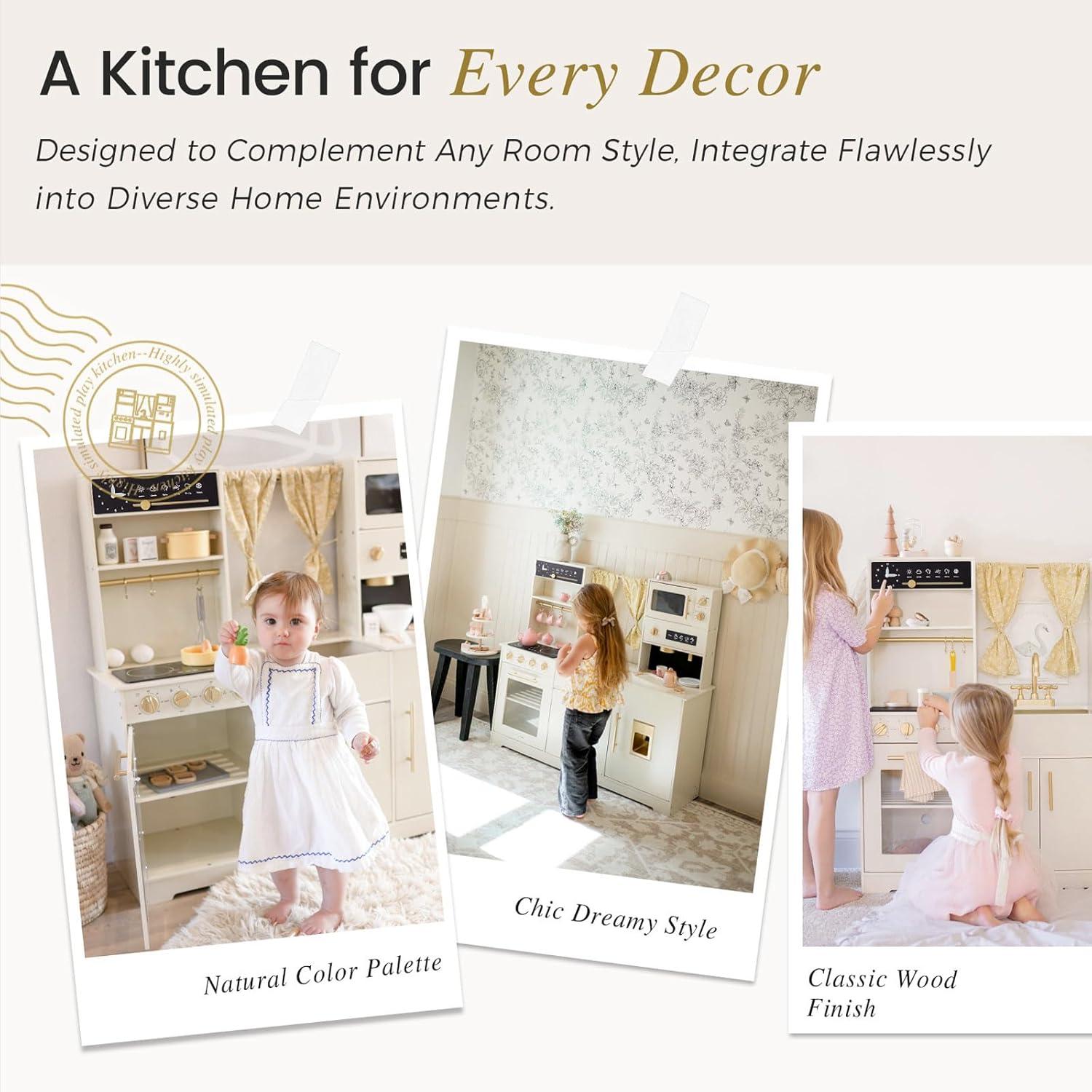 imageTiny Land Play Kitchen for Kids Toy Kitchen Set with Plenty of Play Features New Modern Kids Wooden Play Kitchen Designed in Trendy Home Style with Curtains Gift for Ages 3White Play Kitchen