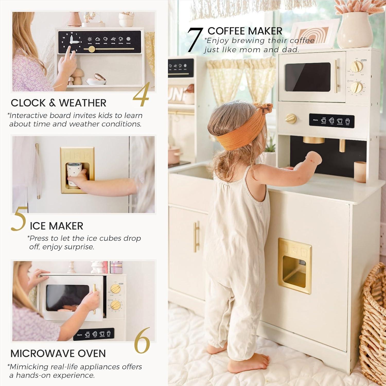 imageTiny Land Play Kitchen for Kids Toy Kitchen Set with Plenty of Play Features New Modern Kids Wooden Play Kitchen Designed in Trendy Home Style with Curtains Gift for Ages 3White Play Kitchen