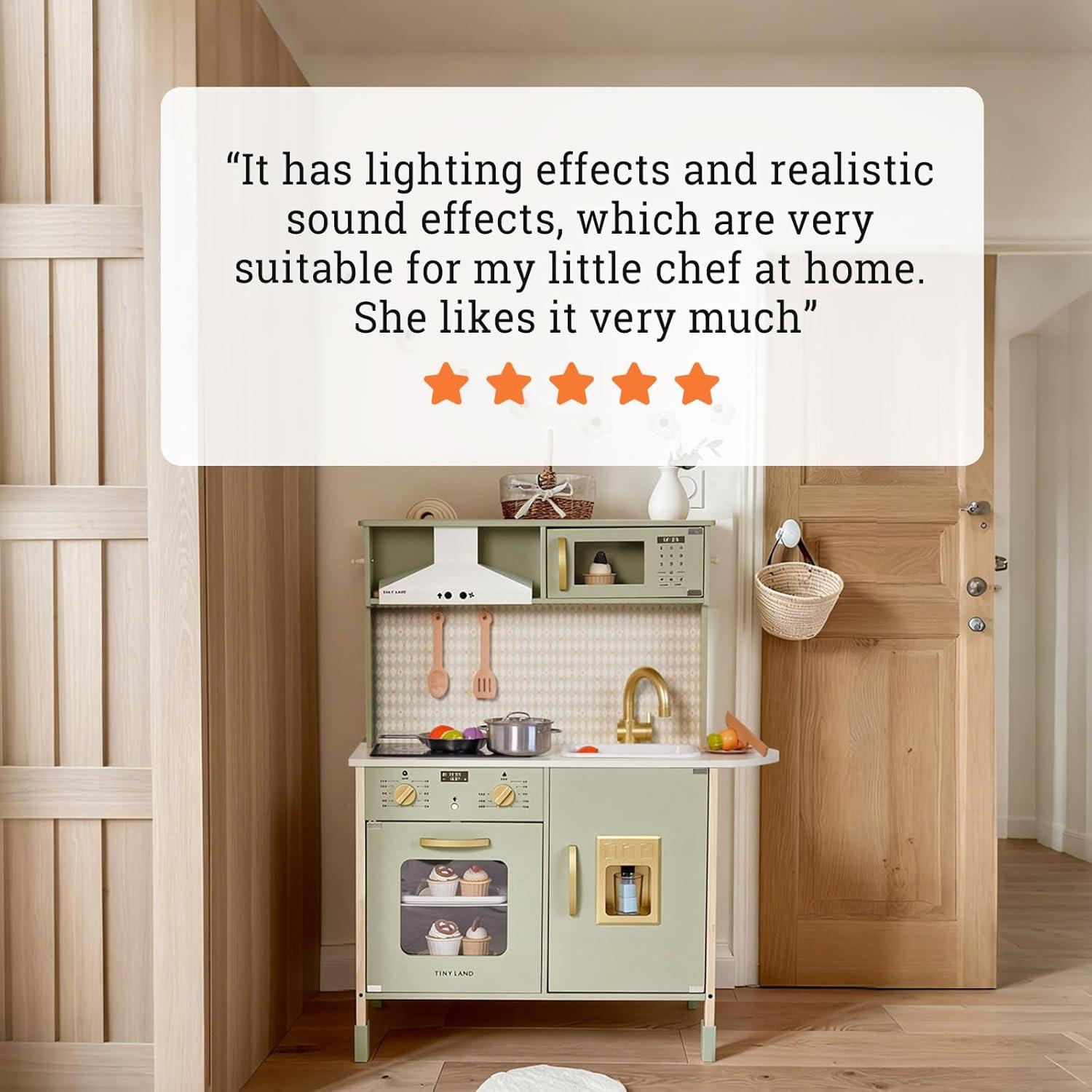 imageTiny Land Play Kitchen for Kids Wooden Kids Play Kitchen Playset Chef Pretend Play Set for Toddlers with Real Lights amp Sounds Toys Kitchen with 18 Pcs Toy Food amp Cookware AccessoriesGreen