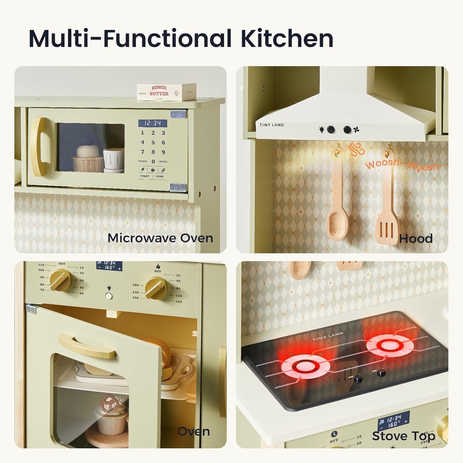 imageTiny Land Play Kitchen for Kids Wooden Kids Play Kitchen Playset Chef Pretend Play Set for Toddlers with Real Lights amp Sounds Toys Kitchen with 18 Pcs Toy Food amp Cookware AccessoriesGreen