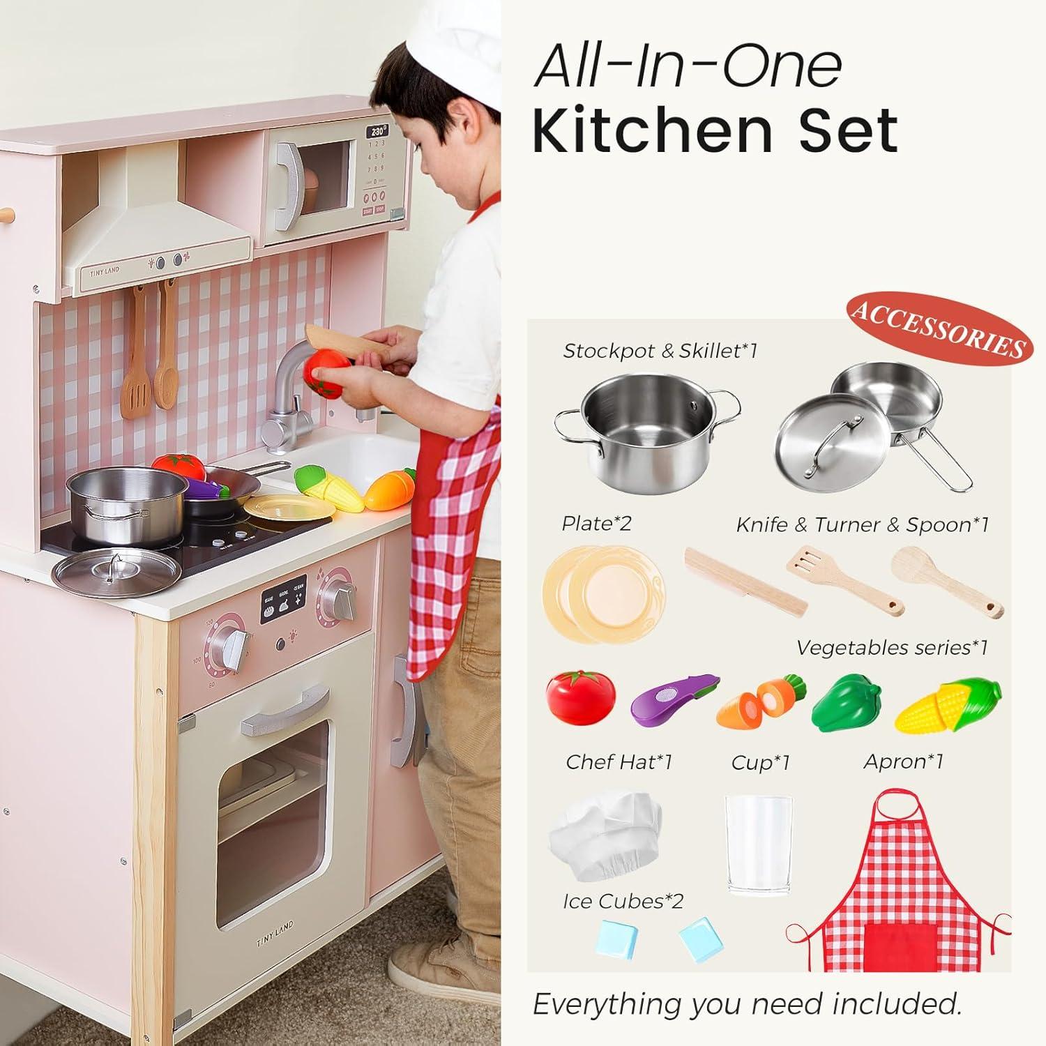 imageTiny Land Play Kitchen for Kids Wooden Kids Play Kitchen Playset Chef Pretend Play Set for Toddlers with Real Lights amp Sounds Toys Kitchen with 18 Pcs Toy Food amp Cookware AccessoriesPink