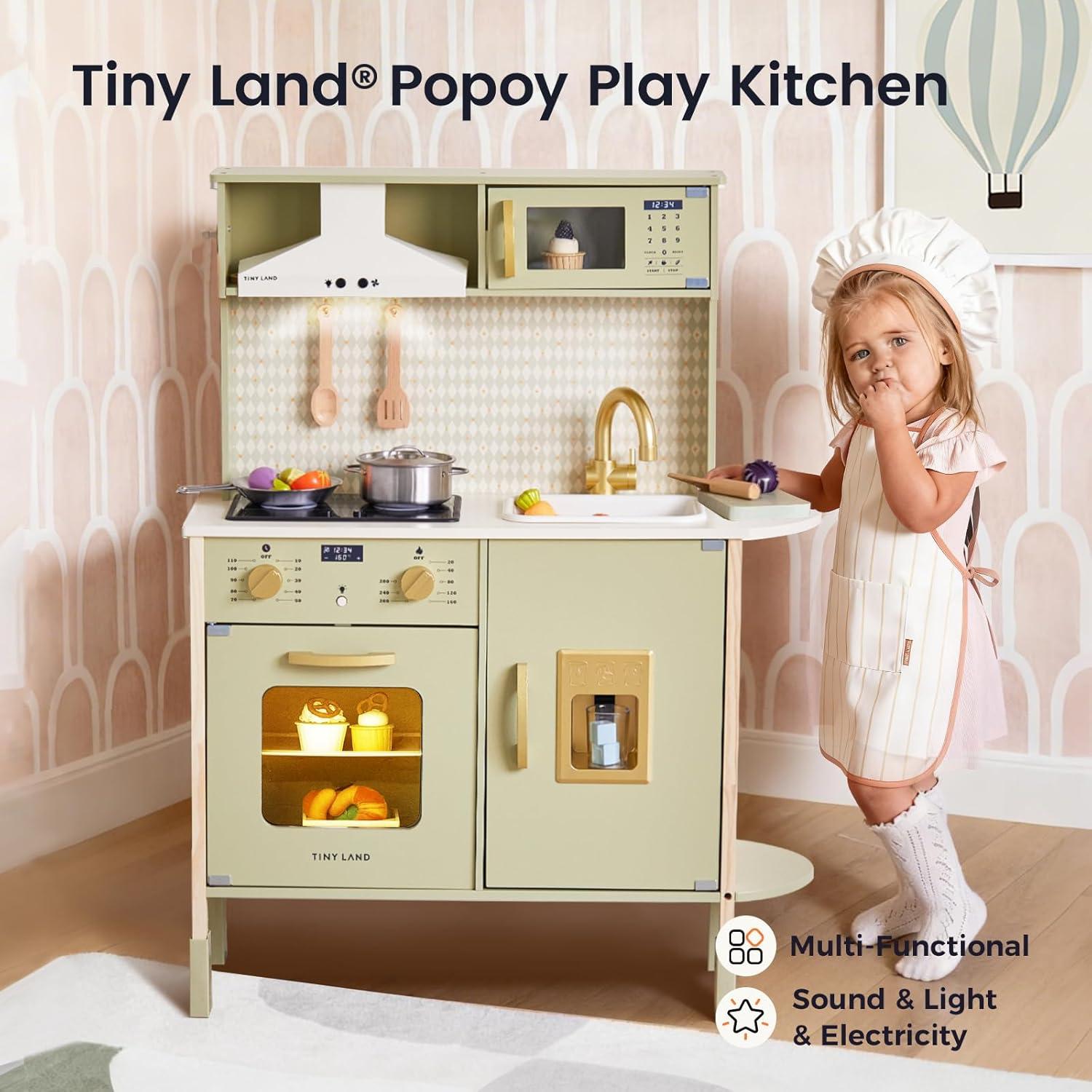 imageTiny Land Play Kitchen for Kids Wooden Kids Play Kitchen Playset Chef Pretend Play Set for Toddlers with Real Lights amp Sounds Toys Kitchen with 18 Pcs Toy Food amp Cookware AccessoriesGreen