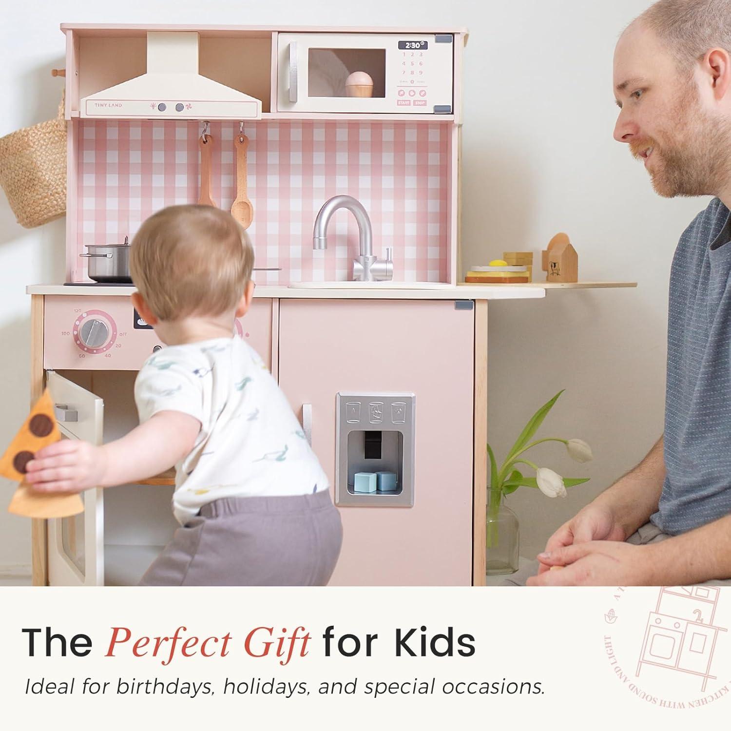 imageTiny Land Play Kitchen for Kids Wooden Kids Play Kitchen Playset Chef Pretend Play Set for Toddlers with Real Lights amp Sounds Toys Kitchen with 18 Pcs Toy Food amp Cookware AccessoriesPink