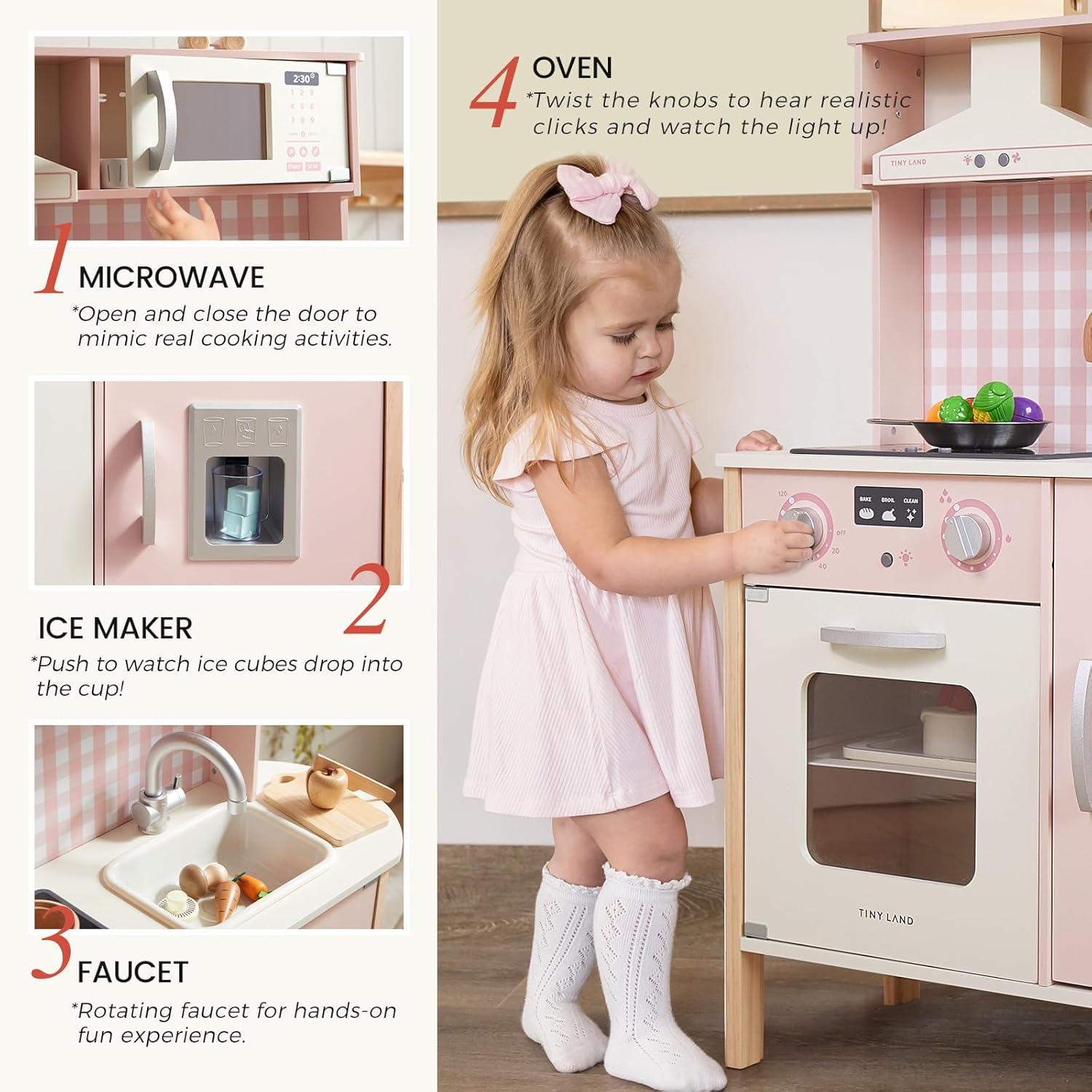 imageTiny Land Play Kitchen for Kids Wooden Kids Play Kitchen Playset Chef Pretend Play Set for Toddlers with Real Lights amp Sounds Toys Kitchen with 18 Pcs Toy Food amp Cookware AccessoriesPink