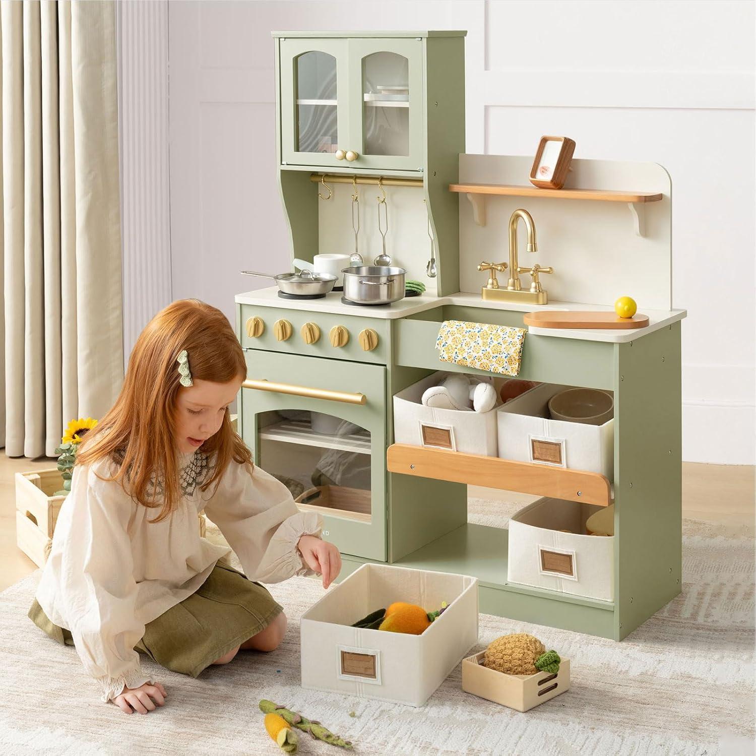 imageTiny Land Play Kitchen for Kids with Enhanced Storage Modern Toddler Kitchen Playset with Stove Sink amp Accessories Organized Wooden Toy Kitchen Ideal for ToddlersGreen