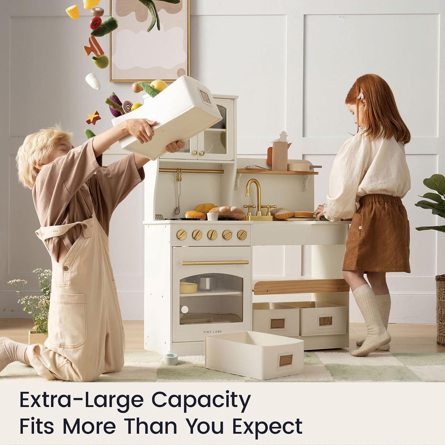 imageTiny Land Play Kitchen for Kids with Enhanced Storage Modern Toddler Kitchen Playset with Stove Sink amp Accessories Organized Wooden Toy Kitchen Ideal for ToddlersCream