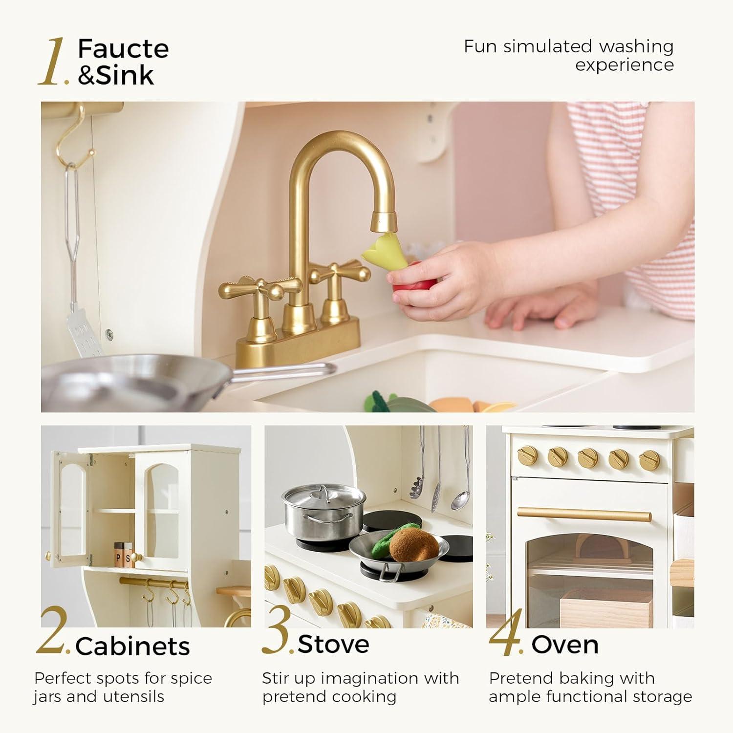 imageTiny Land Play Kitchen for Kids with Enhanced Storage Modern Toddler Kitchen Playset with Stove Sink amp Accessories Organized Wooden Toy Kitchen Ideal for ToddlersCream