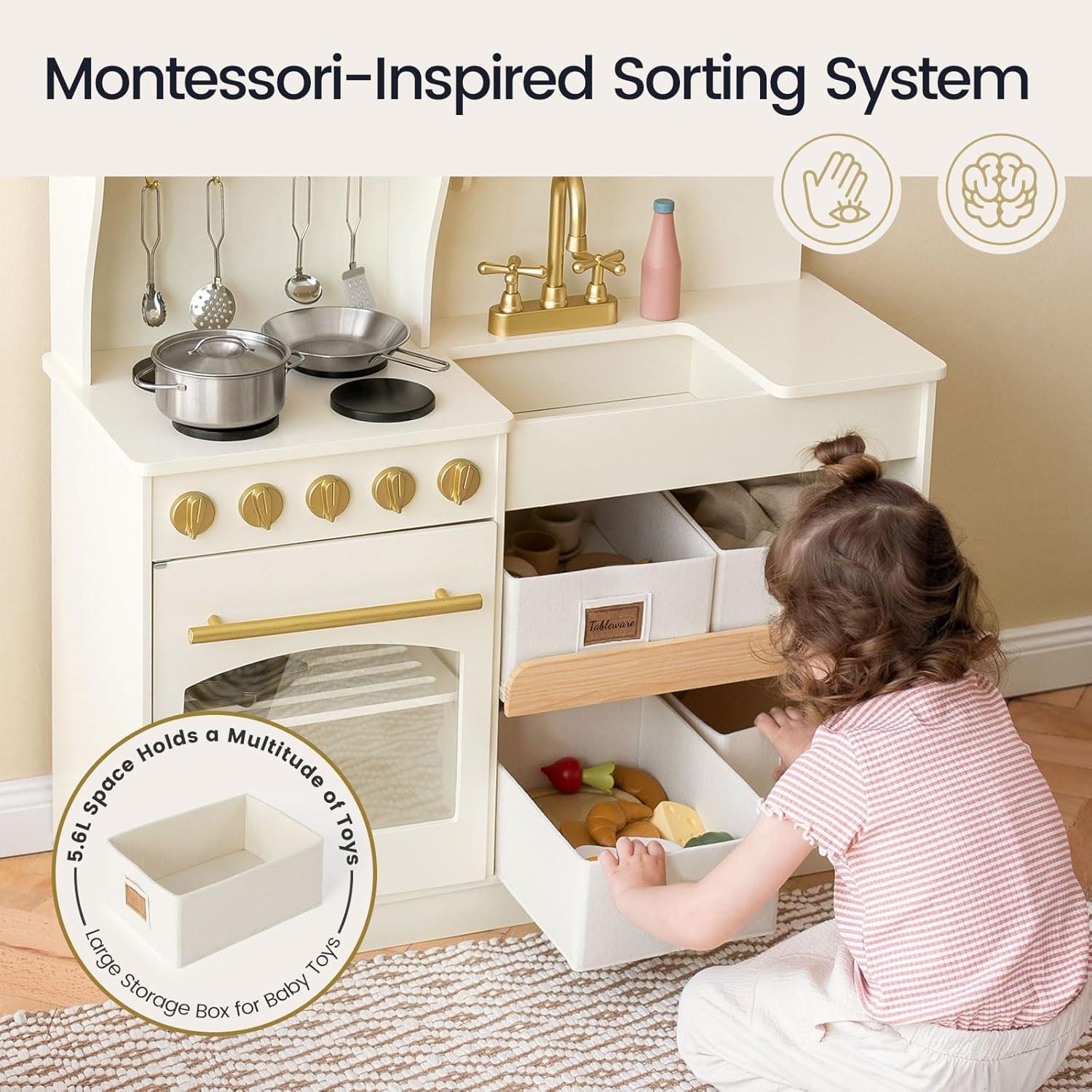 imageTiny Land Play Kitchen for Kids with Enhanced Storage Modern Toddler Kitchen Playset with Stove Sink amp Accessories Organized Wooden Toy Kitchen Ideal for ToddlersCream