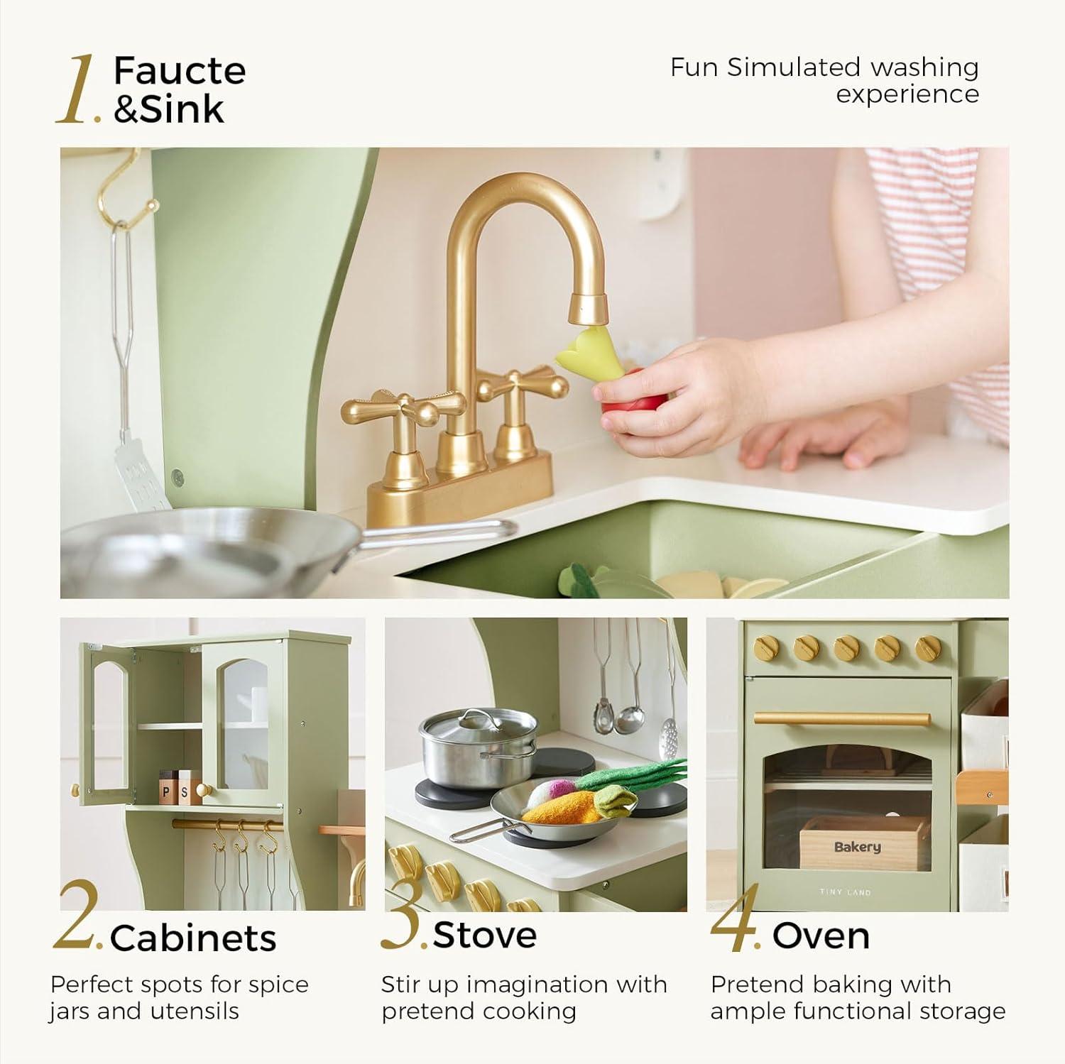 imageTiny Land Play Kitchen for Kids with Enhanced Storage Modern Toddler Kitchen Playset with Stove Sink amp Accessories Organized Wooden Toy Kitchen Ideal for ToddlersGreen