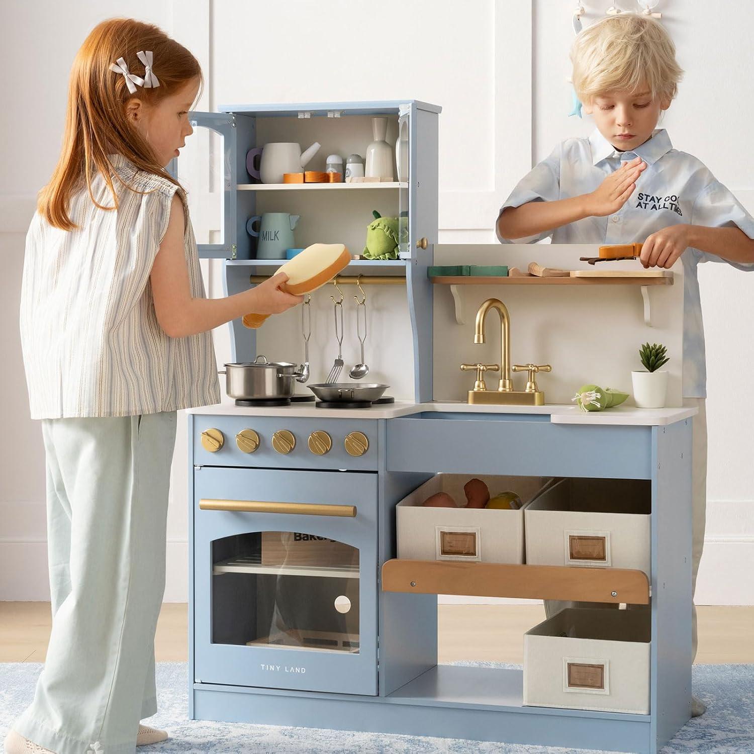 imageTiny Land Play Kitchen for Kids with Enhanced Storage Modern Toddler Kitchen Playset with Stove Sink amp Accessories Organized Wooden Toy Kitchen Ideal for ToddlersBlue
