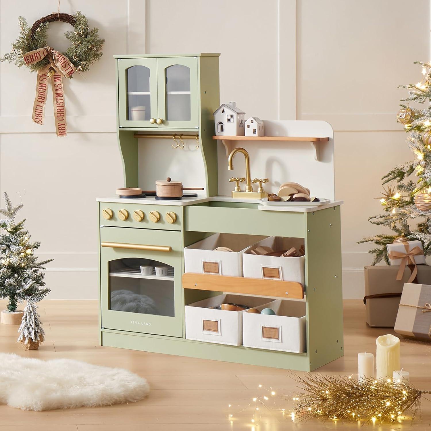 imageTiny Land Play Kitchen for Kids with Enhanced Storage Modern Toddler Kitchen Playset with Stove Sink amp Accessories Organized Wooden Toy Kitchen Ideal for ToddlersGreen