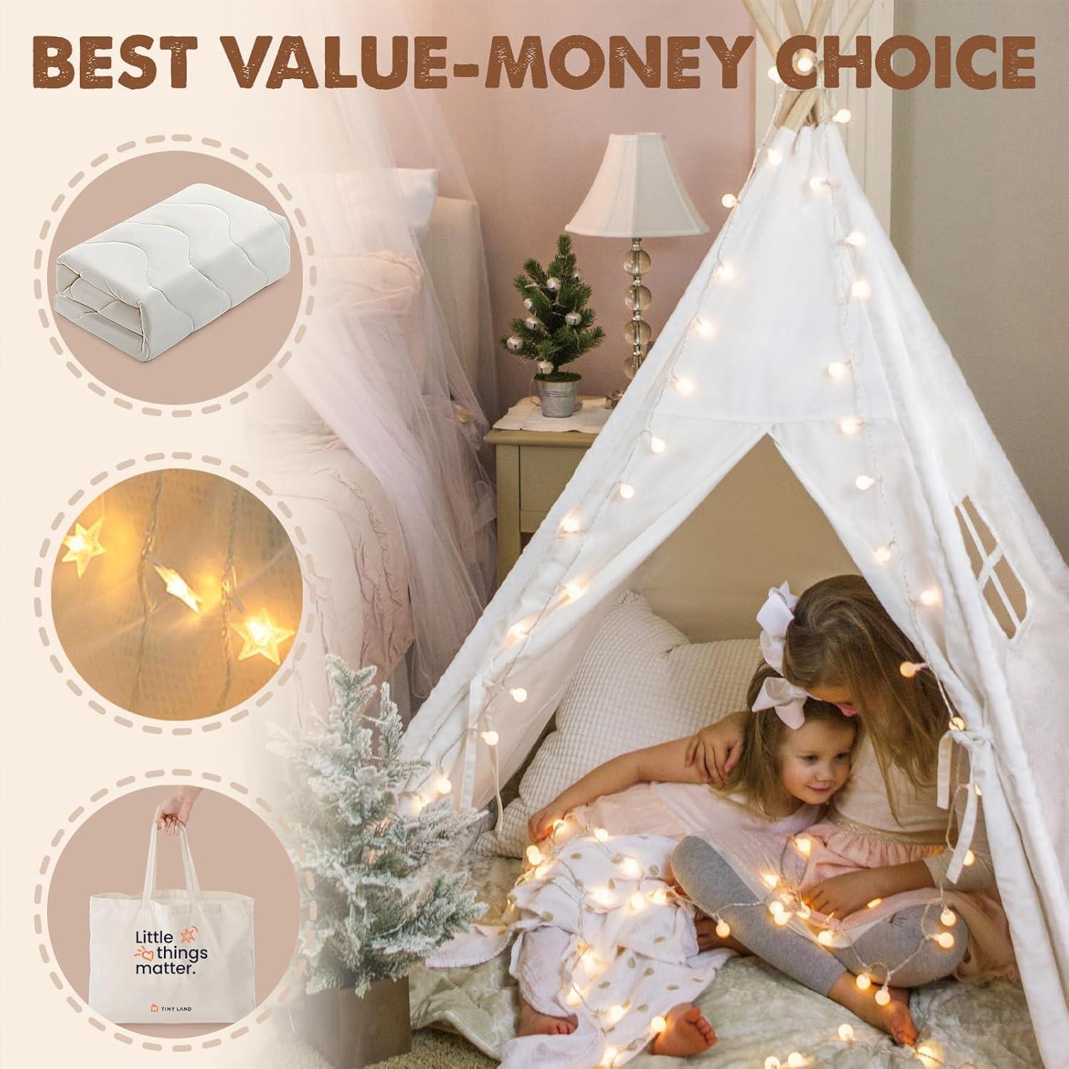 imageTiny Land Teepee Tent for Kids 100 Cotton Play Tent with Padded Mat amp Star Lights Foldable with Carry Bag Indoor Play Tent for Girls amp Boys