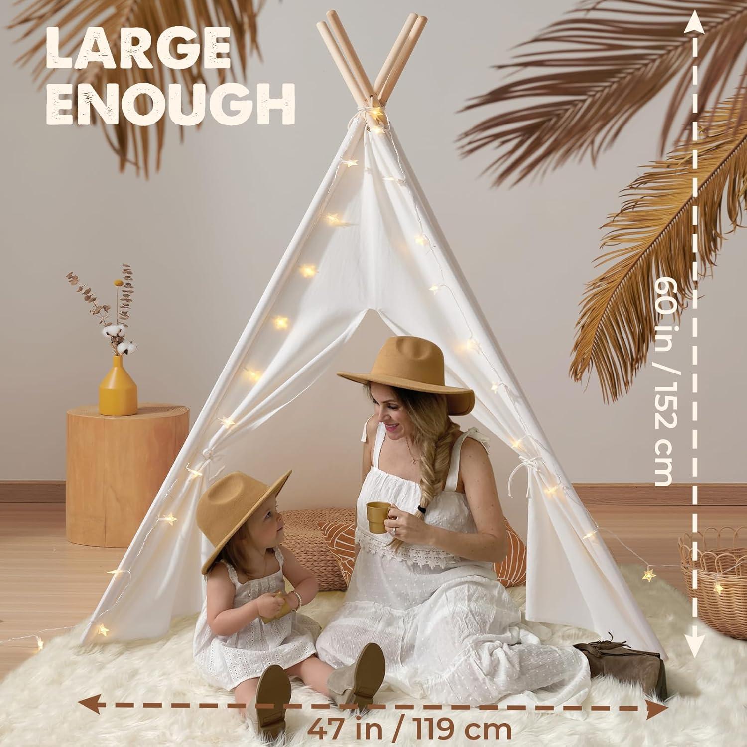 imageTiny Land Teepee Tent for Kids 100 Cotton Play Tent with Padded Mat amp Star Lights Foldable with Carry Bag Indoor Play Tent for Girls amp Boys
