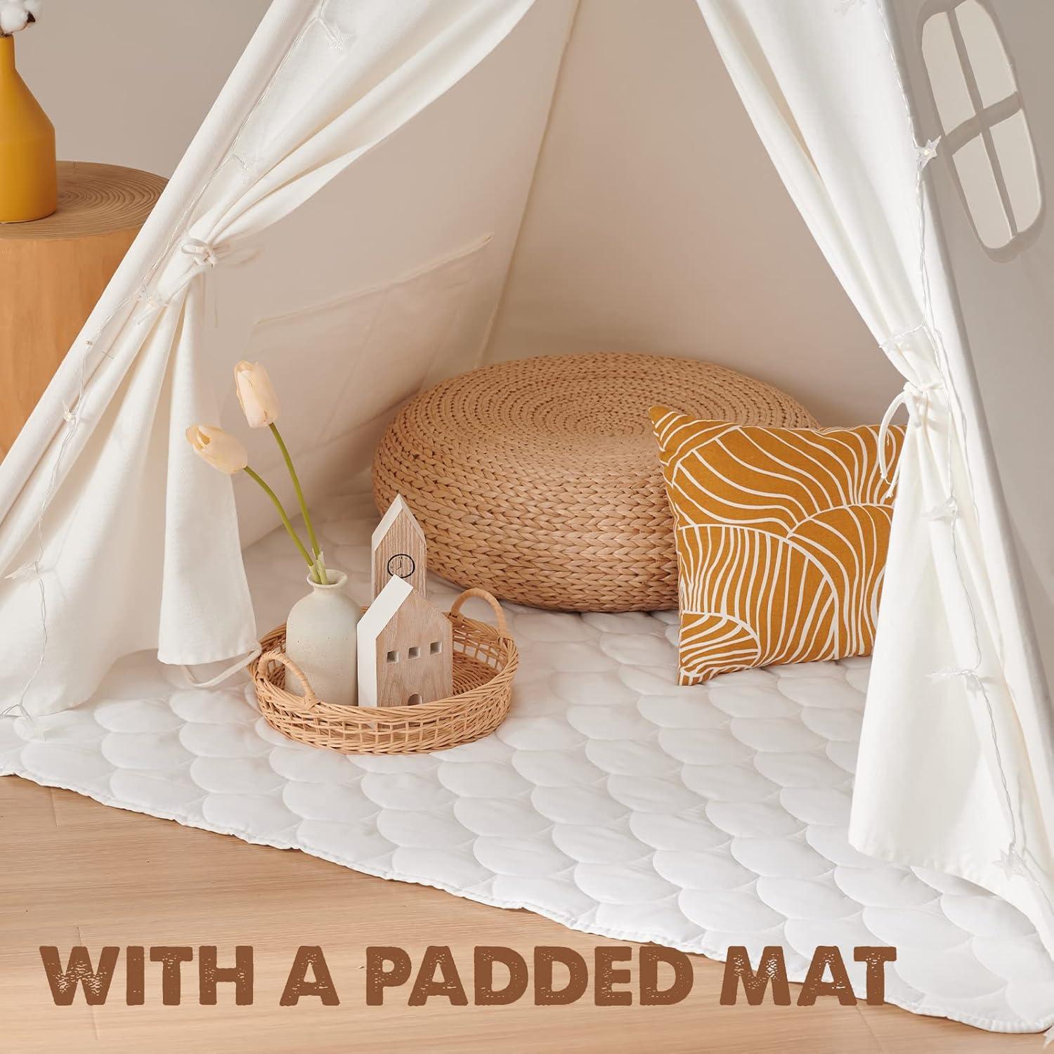 imageTiny Land Teepee Tent for Kids 100 Cotton Play Tent with Padded Mat amp Star Lights Foldable with Carry Bag Indoor Play Tent for Girls amp Boys