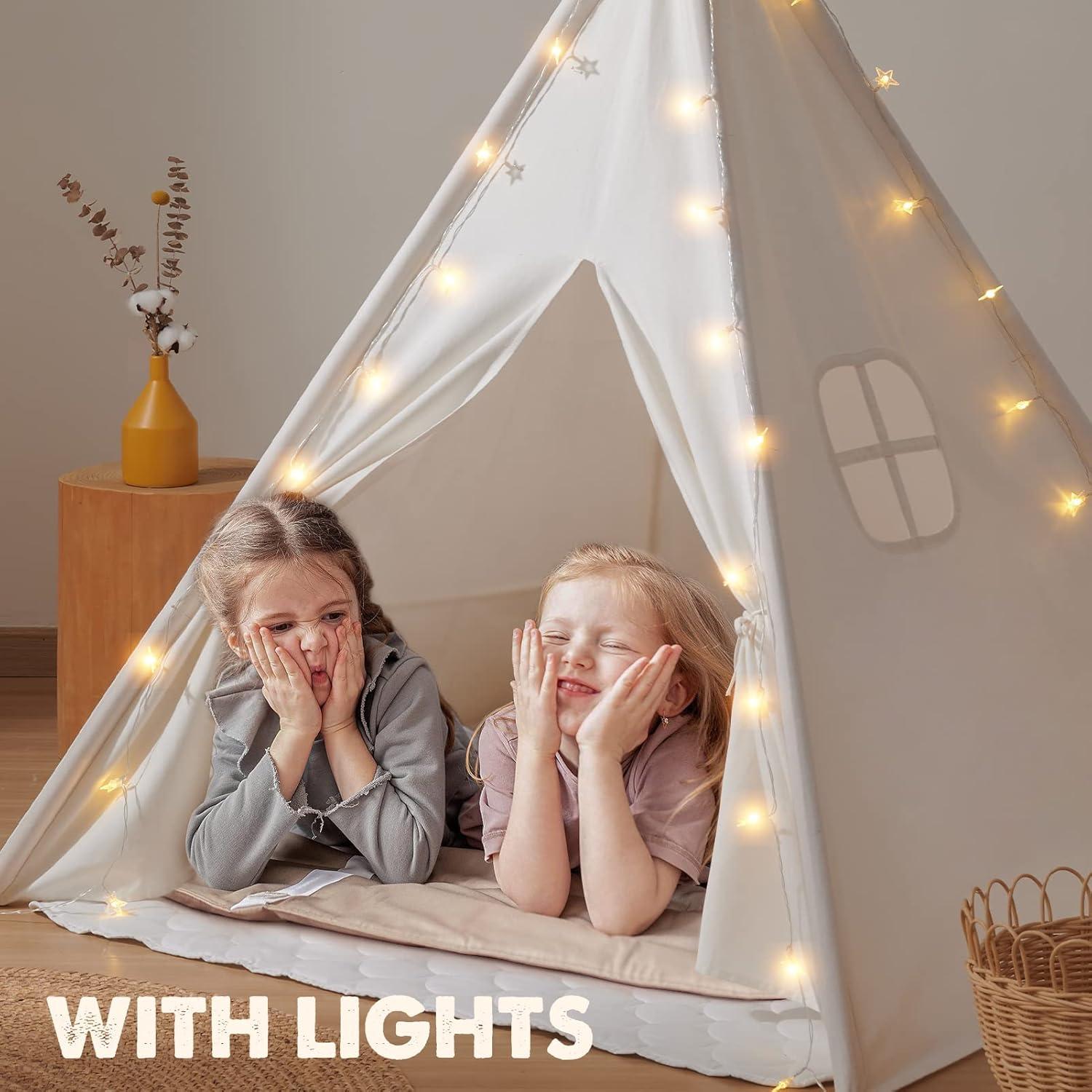 imageTiny Land Teepee Tent for Kids 100 Cotton Play Tent with Padded Mat amp Star Lights Foldable with Carry Bag Indoor Play Tent for Girls amp Boys