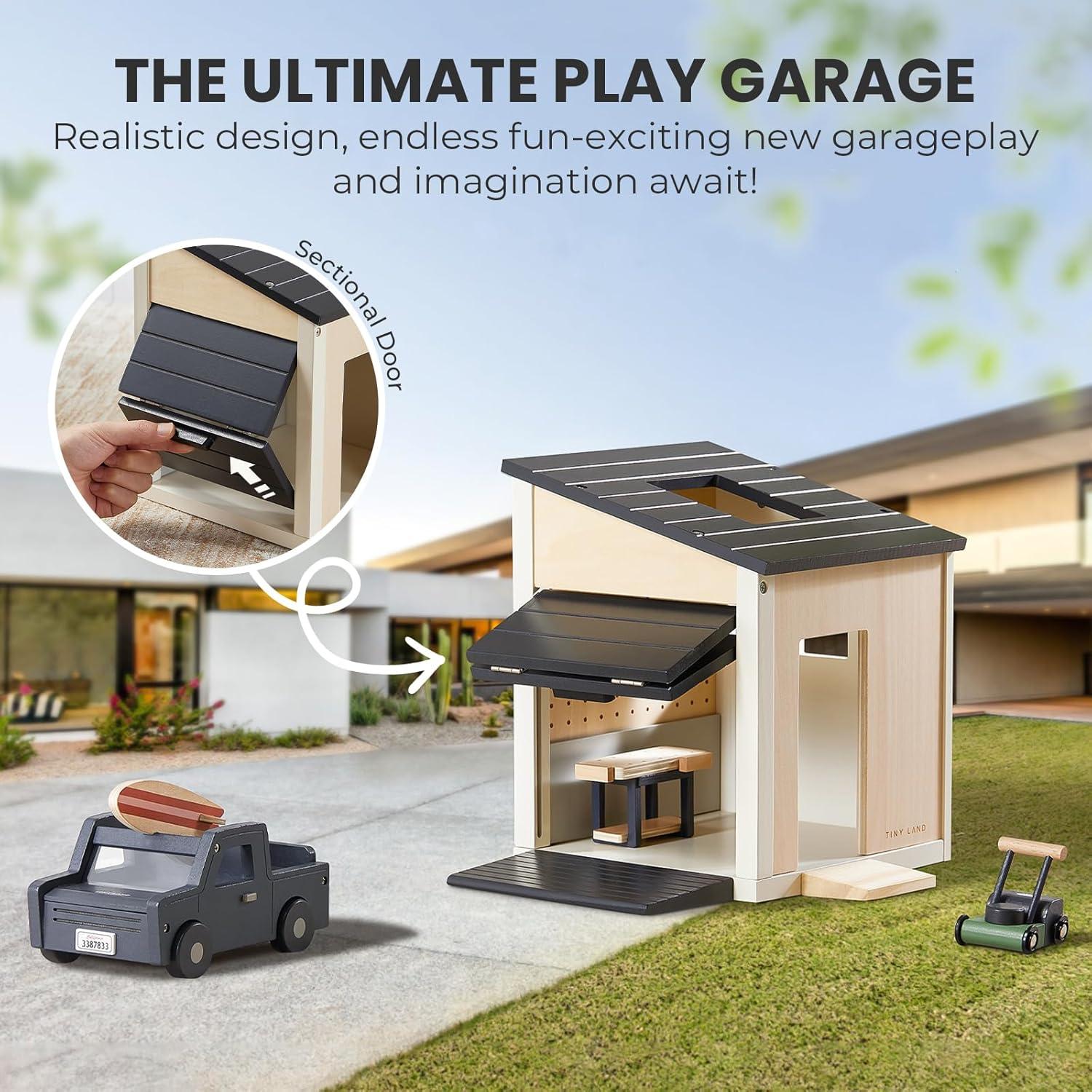 imageTiny Land Wooden Dollhouse Garage Set Realistic Design with Garage WorkbenchLawn Mower amp SUV Car Expansion Dollhouse Furniture amp Accessories for Doll house Educational Pretend Play Gift for Kids