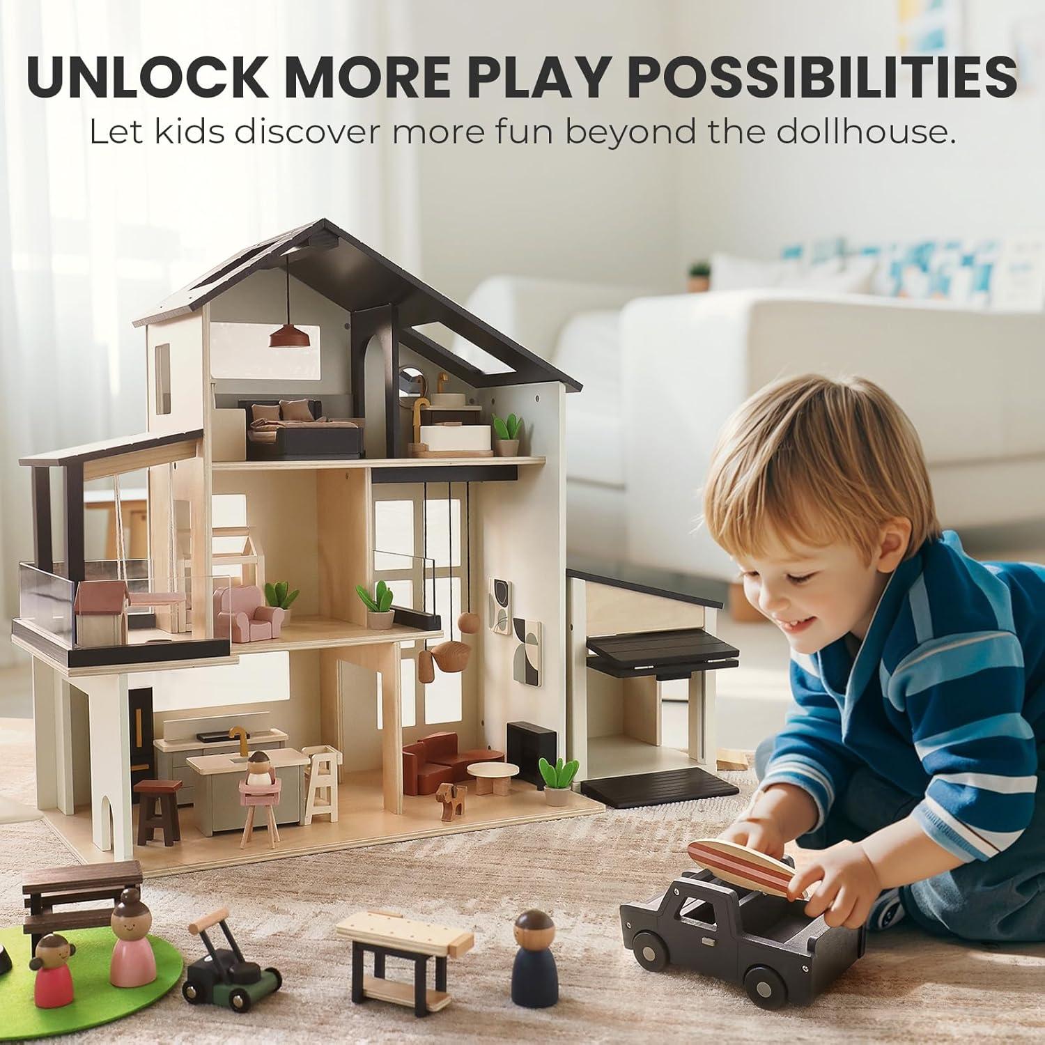 imageTiny Land Wooden Dollhouse Garage Set Realistic Design with Garage WorkbenchLawn Mower amp SUV Car Expansion Dollhouse Furniture amp Accessories for Doll house Educational Pretend Play Gift for Kids