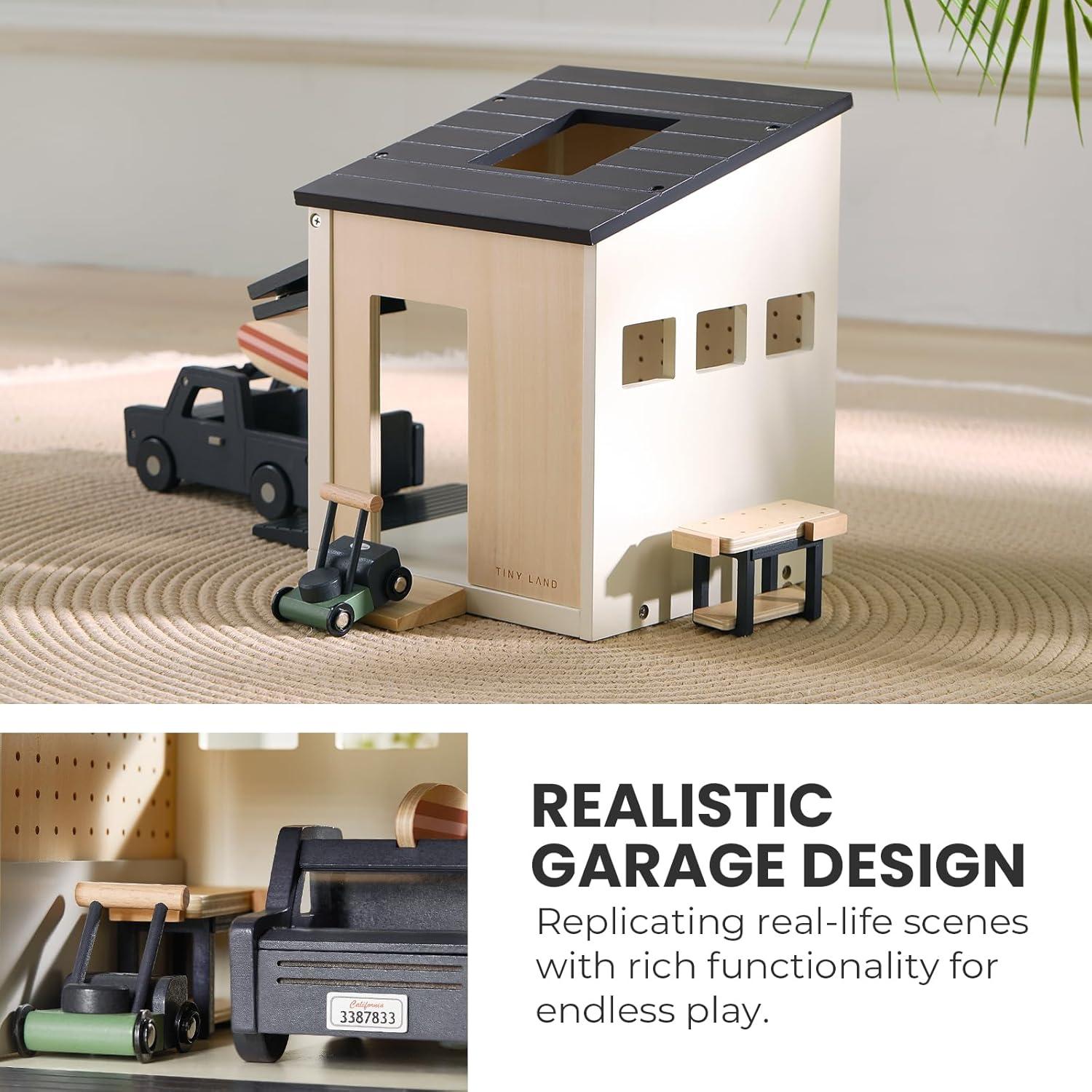 imageTiny Land Wooden Dollhouse Garage Set Realistic Design with Garage WorkbenchLawn Mower amp SUV Car Expansion Dollhouse Furniture amp Accessories for Doll house Educational Pretend Play Gift for Kids