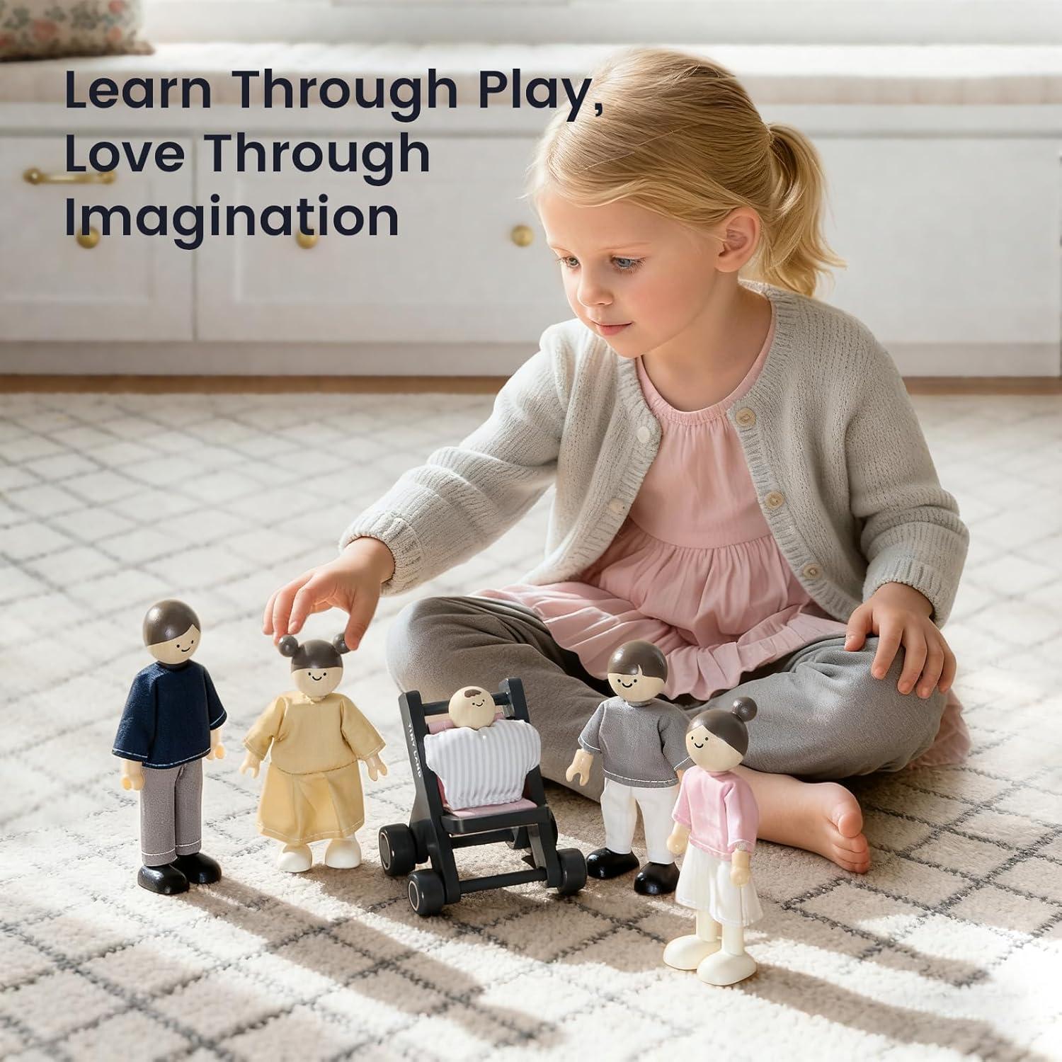 imageTiny Land Wooden Dollhouse People Set 5Piece Poseable Wooden Doll Family with Dad Mom Brother Sister Baby and Stroller Dollhouse Accessories Toy Pretend Play Gift for Kids Ages 3