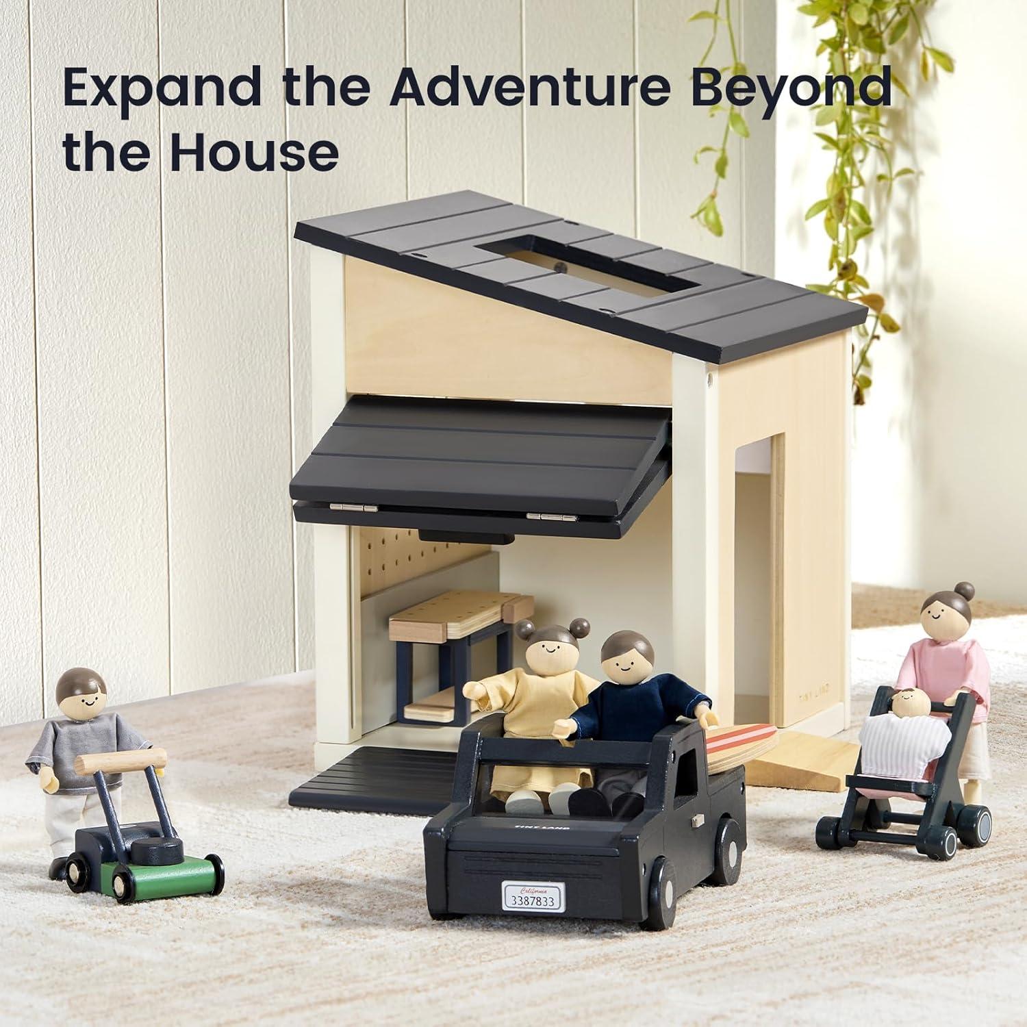 imageTiny Land Wooden Dollhouse People Set 5Piece Poseable Wooden Doll Family with Dad Mom Brother Sister Baby and Stroller Dollhouse Accessories Toy Pretend Play Gift for Kids Ages 3