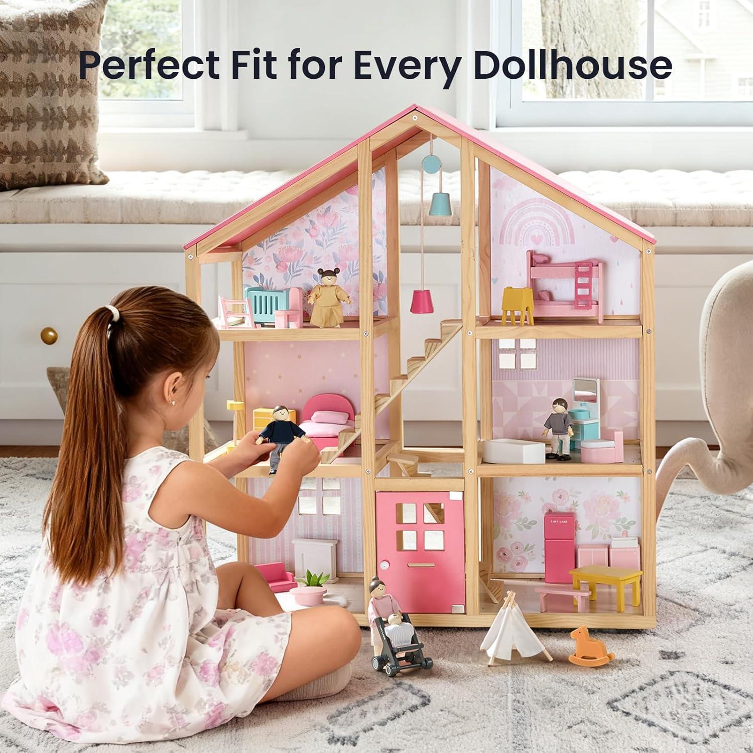 imageTiny Land Wooden Dollhouse People Set 5Piece Poseable Wooden Doll Family with Dad Mom Brother Sister Baby and Stroller Dollhouse Accessories Toy Pretend Play Gift for Kids Ages 3