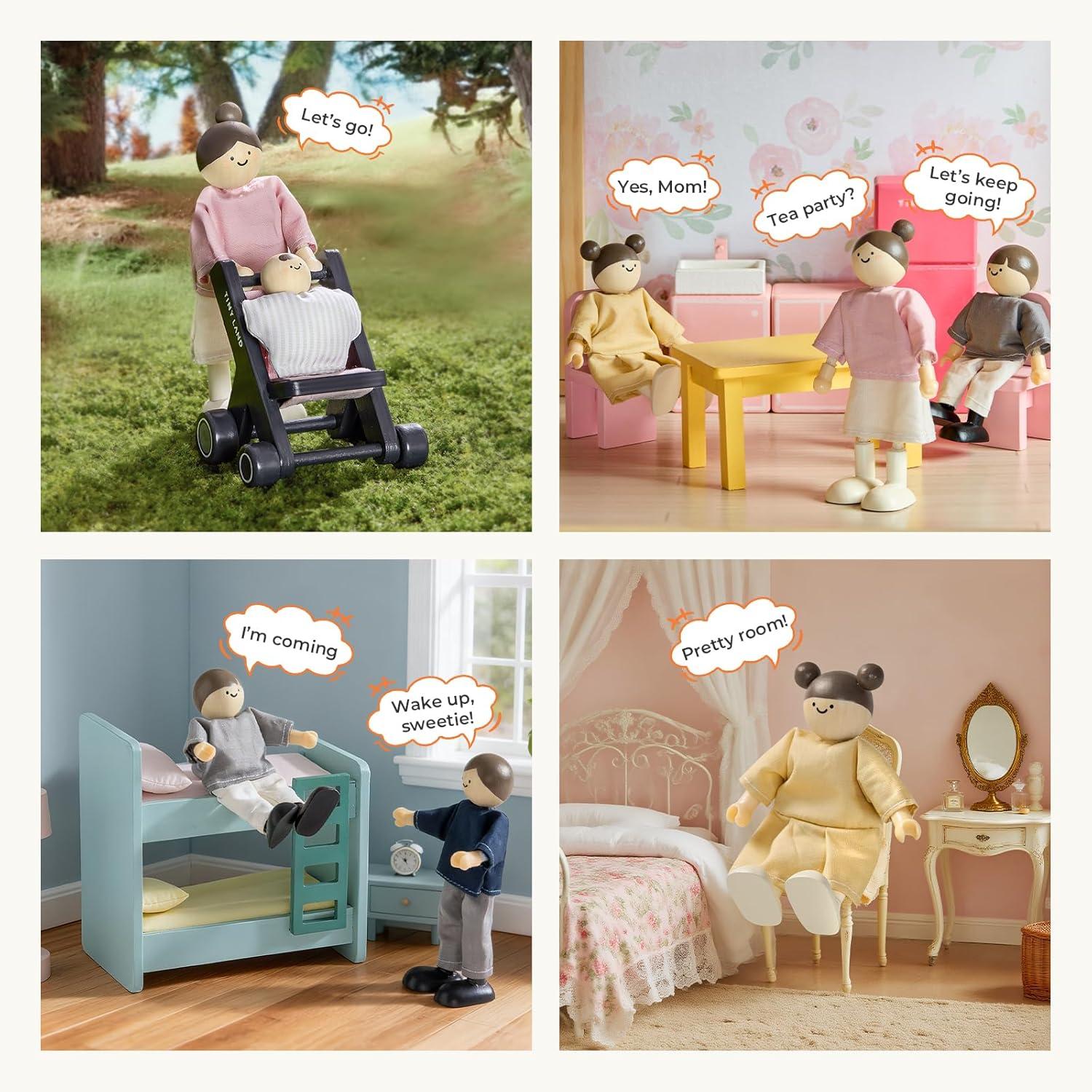 imageTiny Land Wooden Dollhouse People Set 5Piece Poseable Wooden Doll Family with Dad Mom Brother Sister Baby and Stroller Dollhouse Accessories Toy Pretend Play Gift for Kids Ages 3