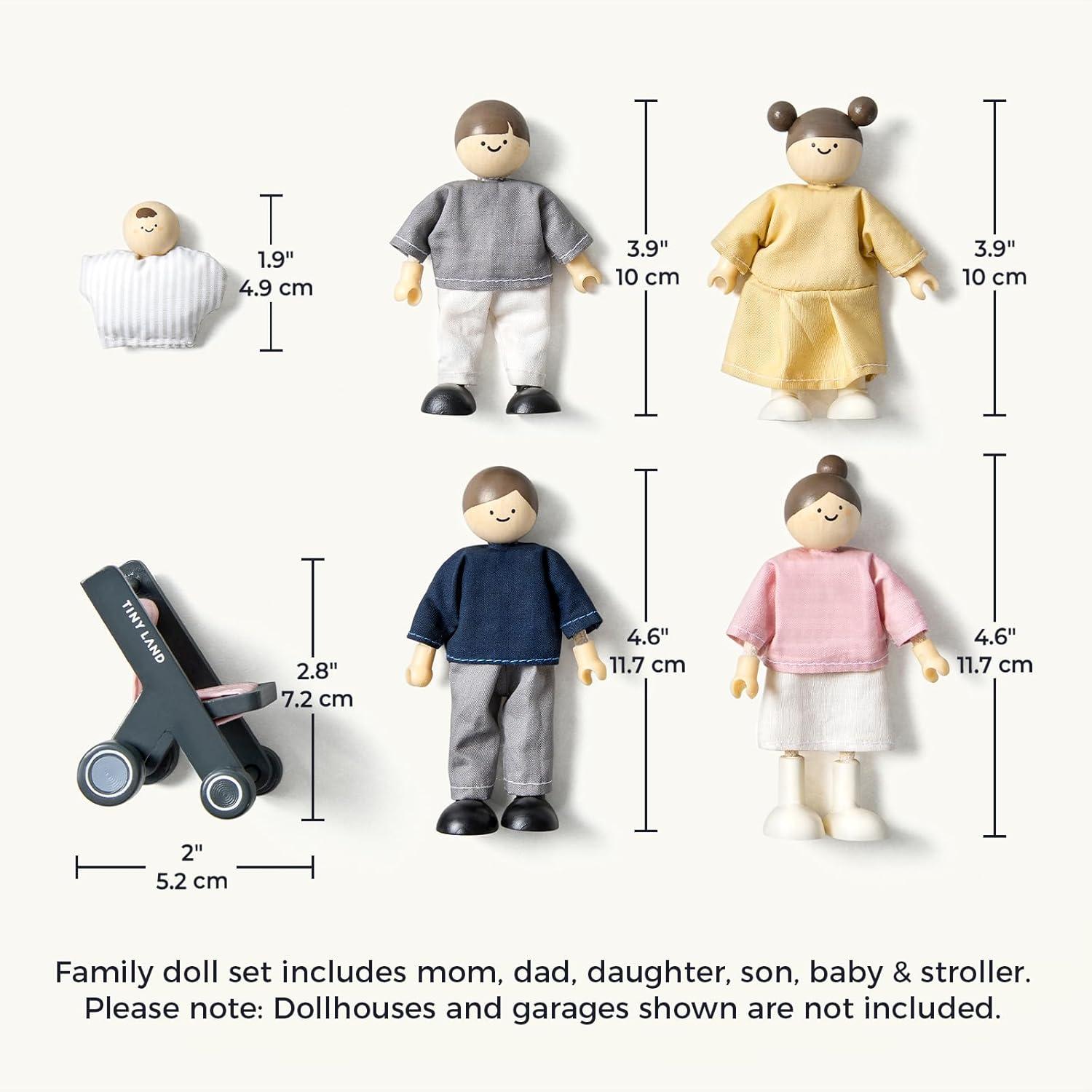 imageTiny Land Wooden Dollhouse People Set 5Piece Poseable Wooden Doll Family with Dad Mom Brother Sister Baby and Stroller Dollhouse Accessories Toy Pretend Play Gift for Kids Ages 3