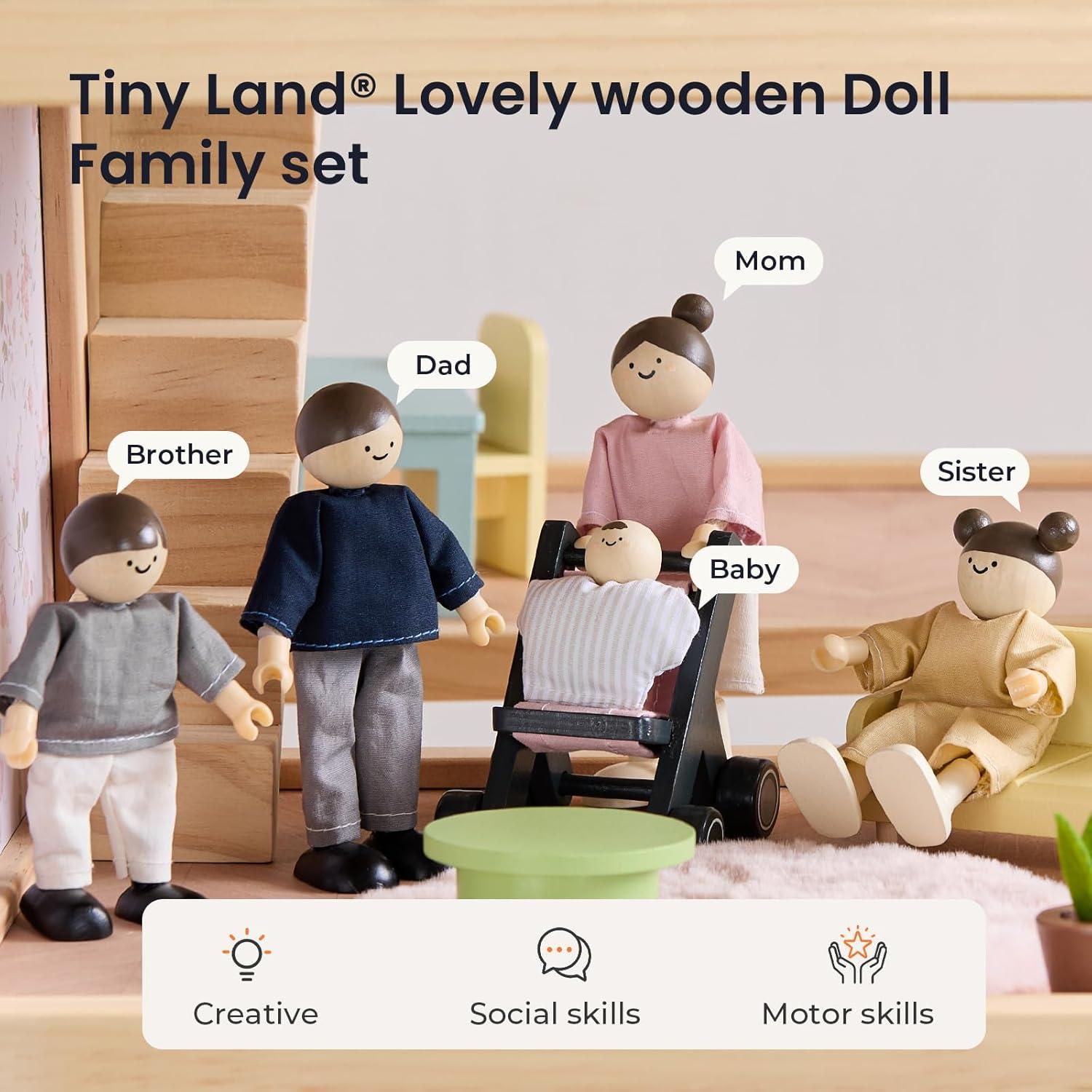 imageTiny Land Wooden Dollhouse People Set 5Piece Poseable Wooden Doll Family with Dad Mom Brother Sister Baby and Stroller Dollhouse Accessories Toy Pretend Play Gift for Kids Ages 3