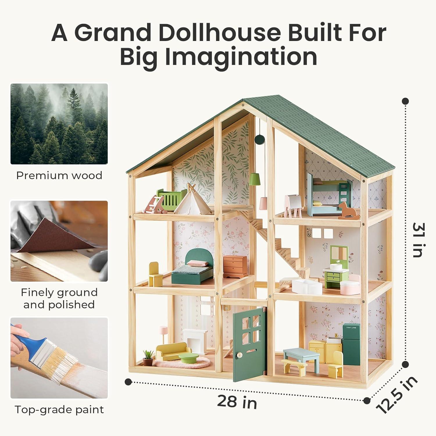 imageTiny Land Wooden Dollhouse for Girls 6 Rooms Wooden Doll House DIY Pretend Doll House with 31Pcs Furniture Accessories Creative Gift for Girl Ages 3Green